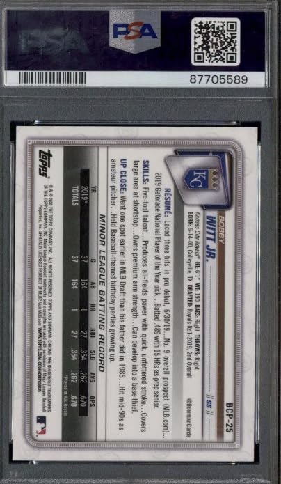 2020 Bowman Chrome Prospects Bobby Witt Jr. Refractor Rookie Card PSA 10 J447733