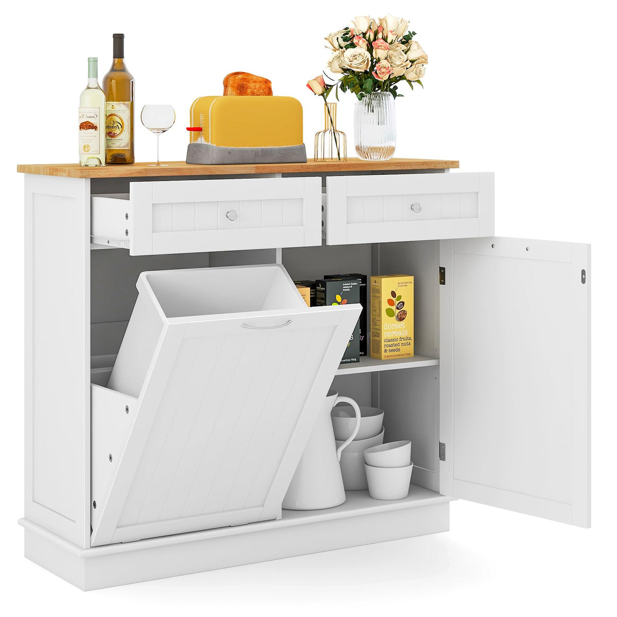 White Wooden Tilt Out Trash Bin Cabinet with Drawers B7691