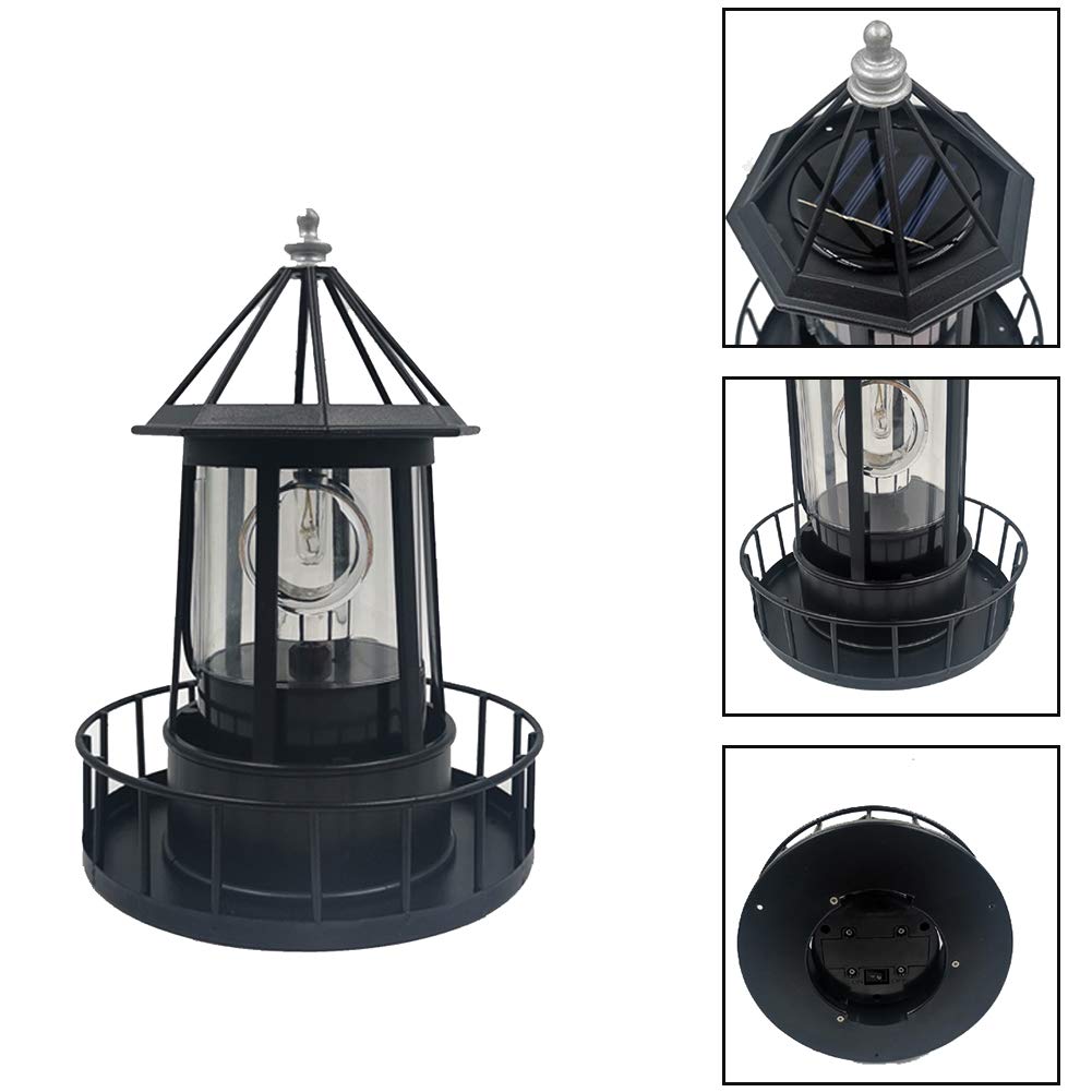 Black Solar Lighthouse Rotating Light IP65 Waterproof Outdoor LED Decor Z41416