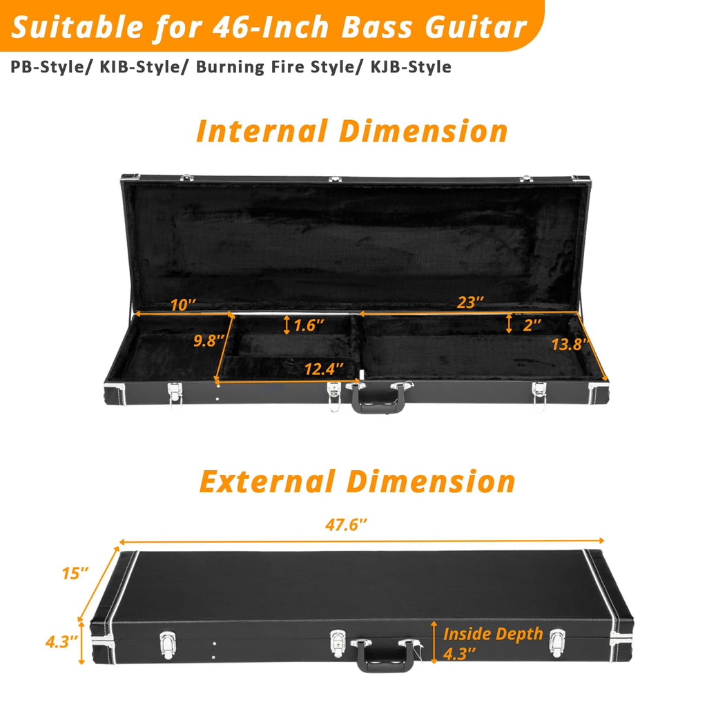 Black Bass Guitar Hard Case with Lock Latch and Soft Padding I643