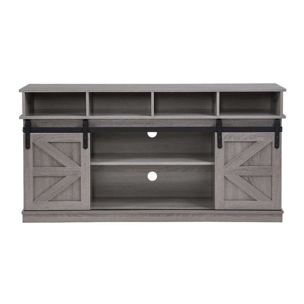 Grey Wood TV Stand with Sliding Barn Doors and 4 Drawers P470053