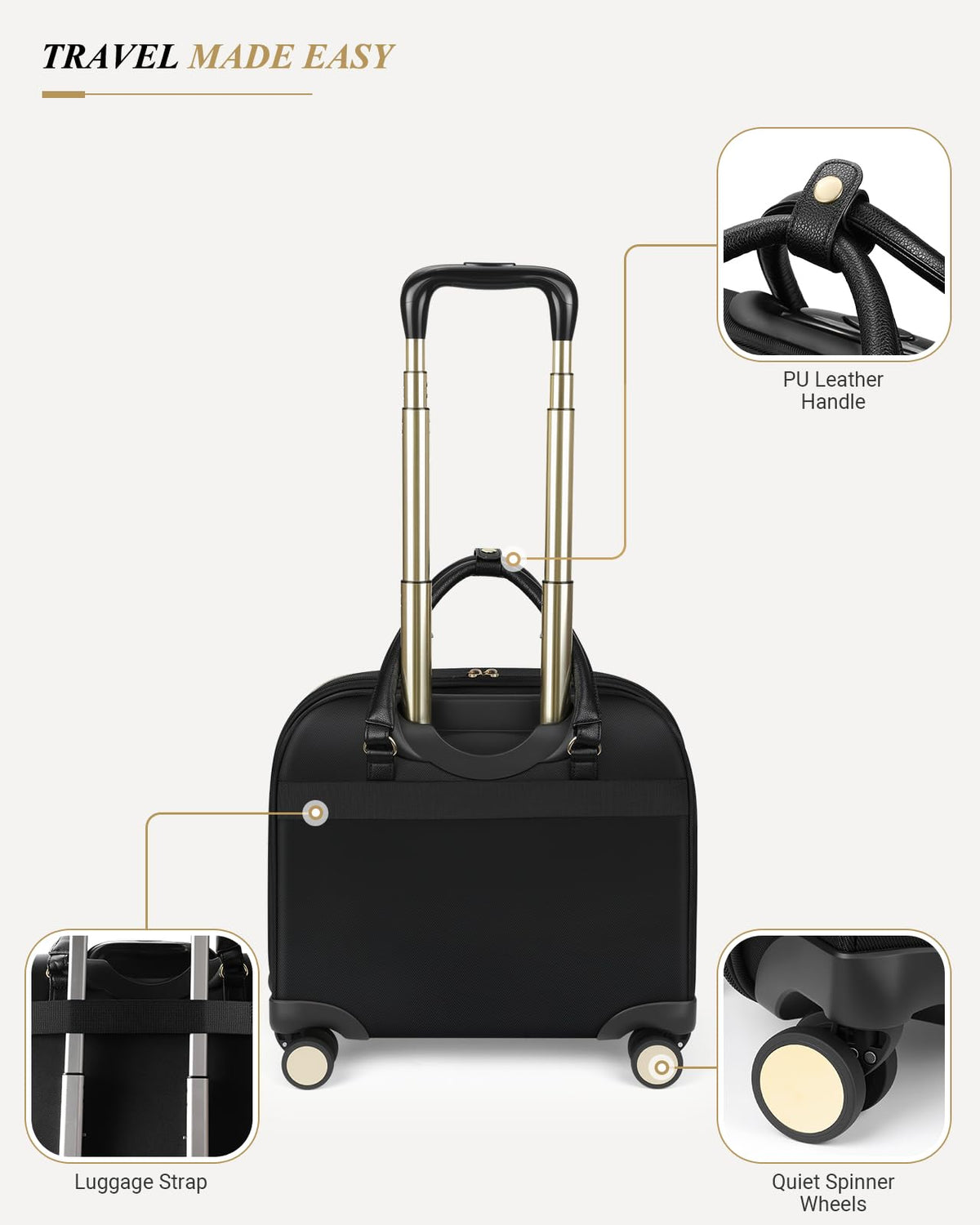 Rolling Laptop Bag for Women, 45L Wheeled Briefcase with USB Type-C Ports, Black Gold A528