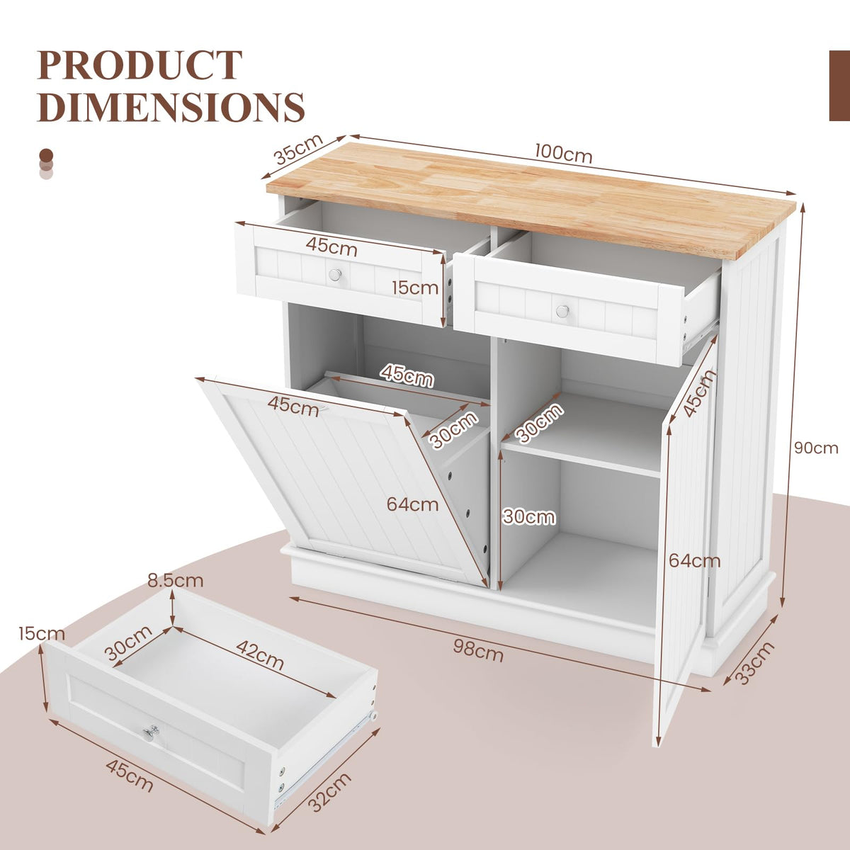 White Wooden Tilt Out Trash Bin Cabinet with Drawers B7691
