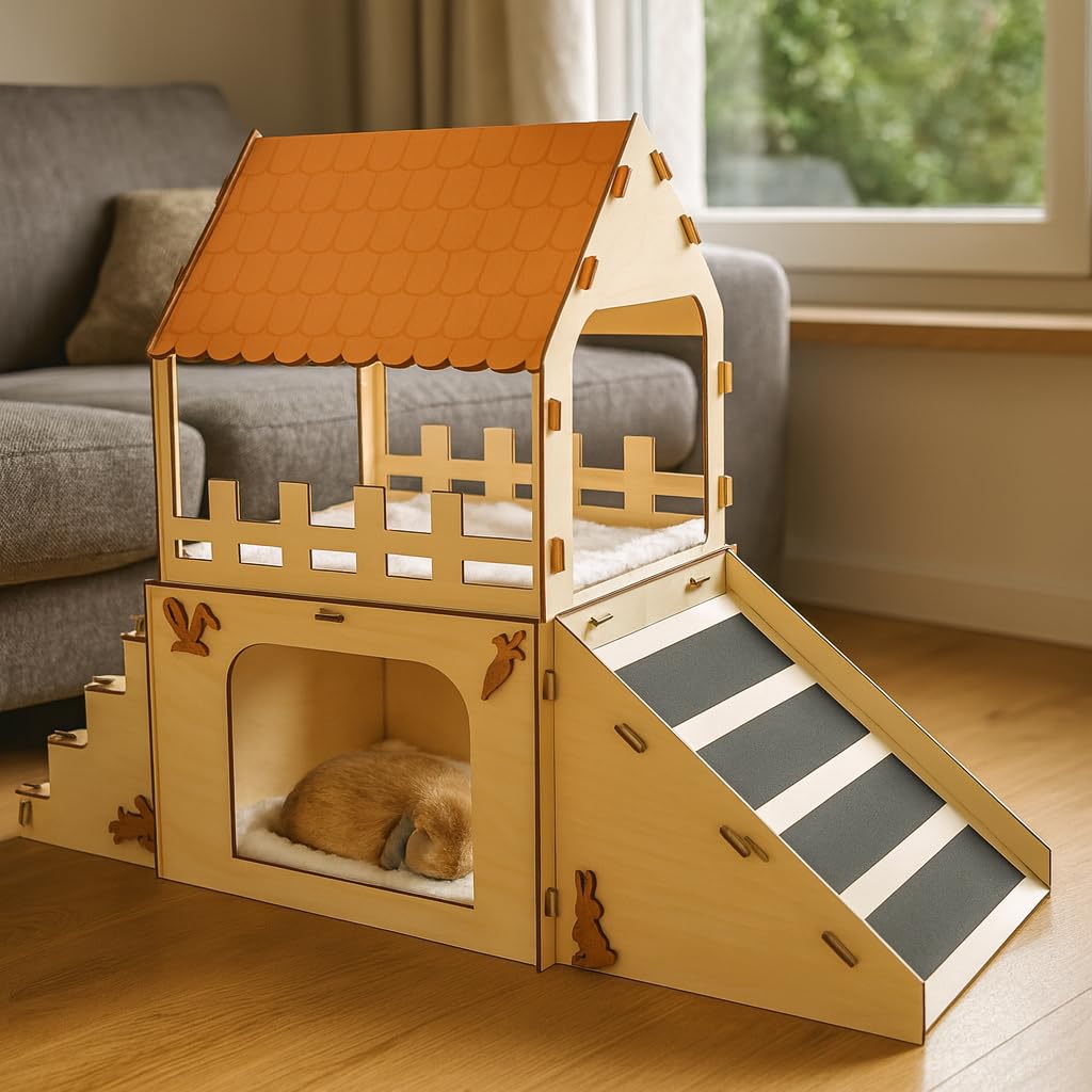 Extra Large Wooden Rabbit Hideout with Fleece Mats Z39053