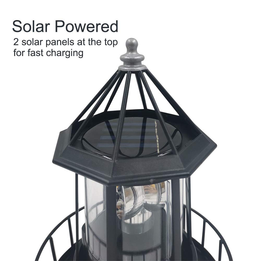 Black Solar Lighthouse Rotating Light IP65 Waterproof Outdoor LED Decor Z41416