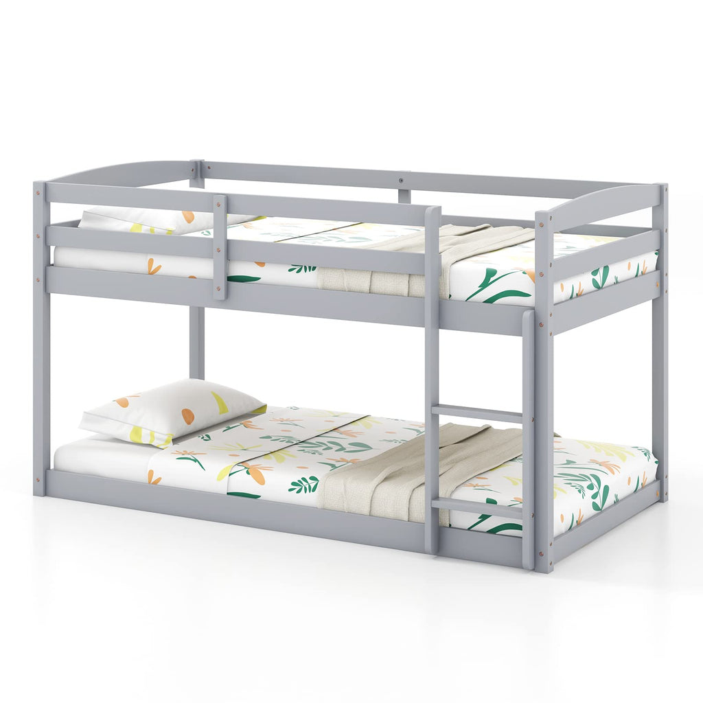 Twin Over Twin Solid Wood Low Bunk Bed with Ladder and Guardrails P598244