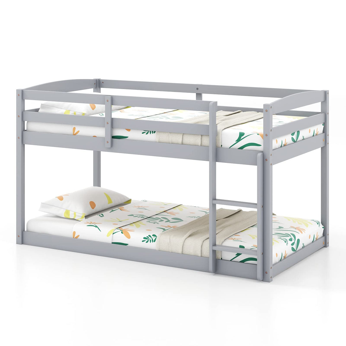 Twin Over Twin Solid Wood Low Bunk Bed with Ladder and Guardrails P598244