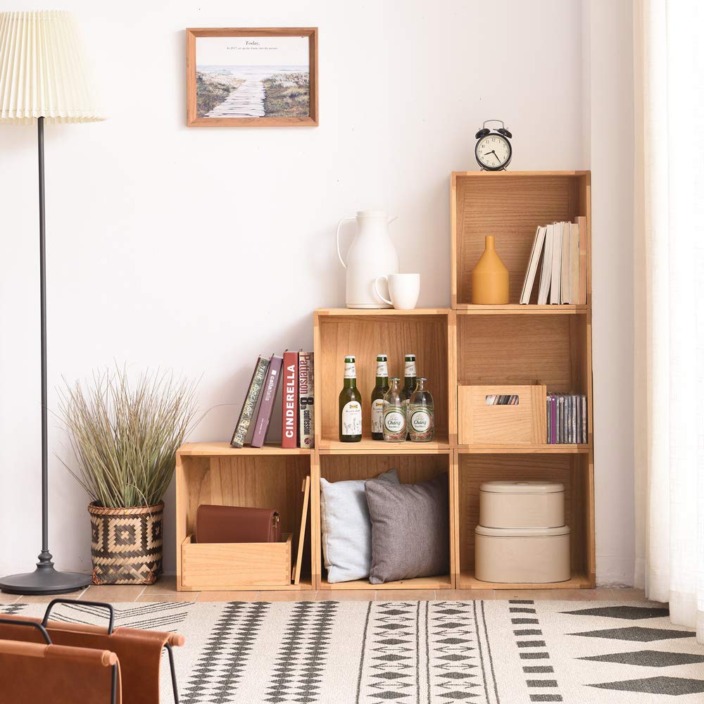 Brown Stackable Wood Storage Cube with Handles O96545
