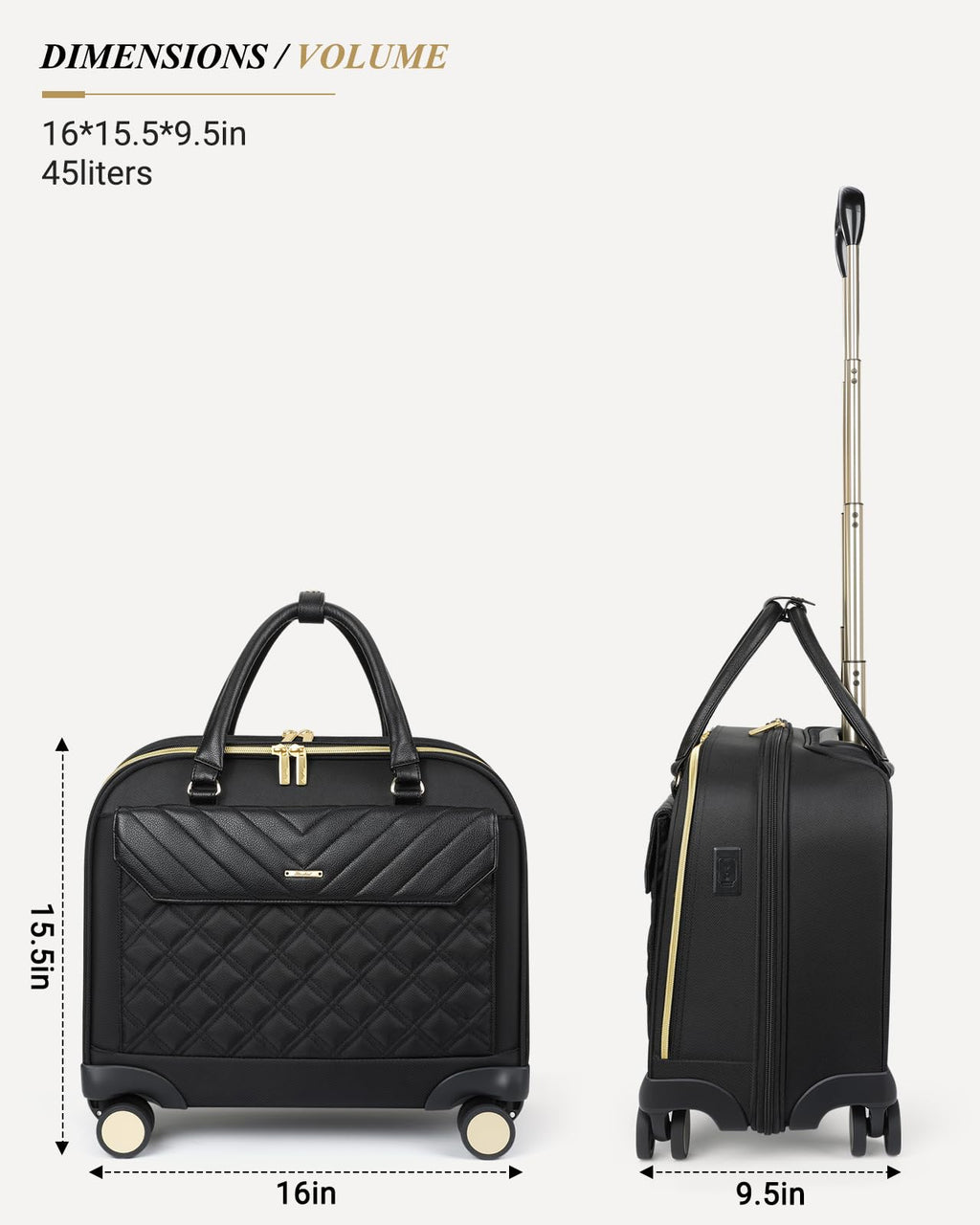 Rolling Laptop Bag for Women, 45L Wheeled Briefcase with USB Type-C Ports, Black Gold A528