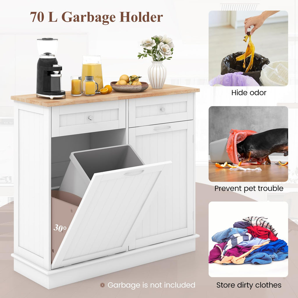 White Wooden Tilt Out Trash Bin Cabinet with Drawers B7691