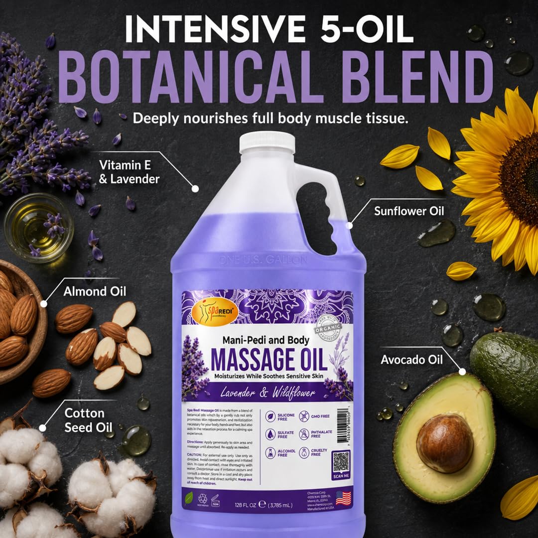 Lavender Massage Oil 128 Oz with Almond Cotton Seed Sunflower Avocado Oil N317562