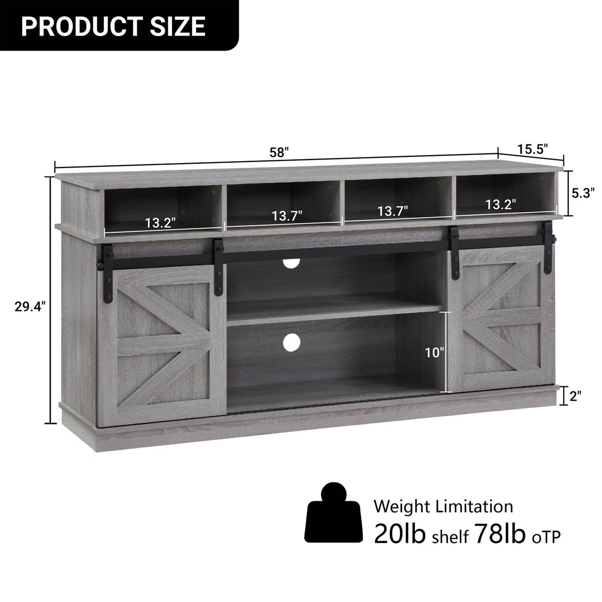 Grey Wood TV Stand with Sliding Barn Doors and 4 Drawers P470053