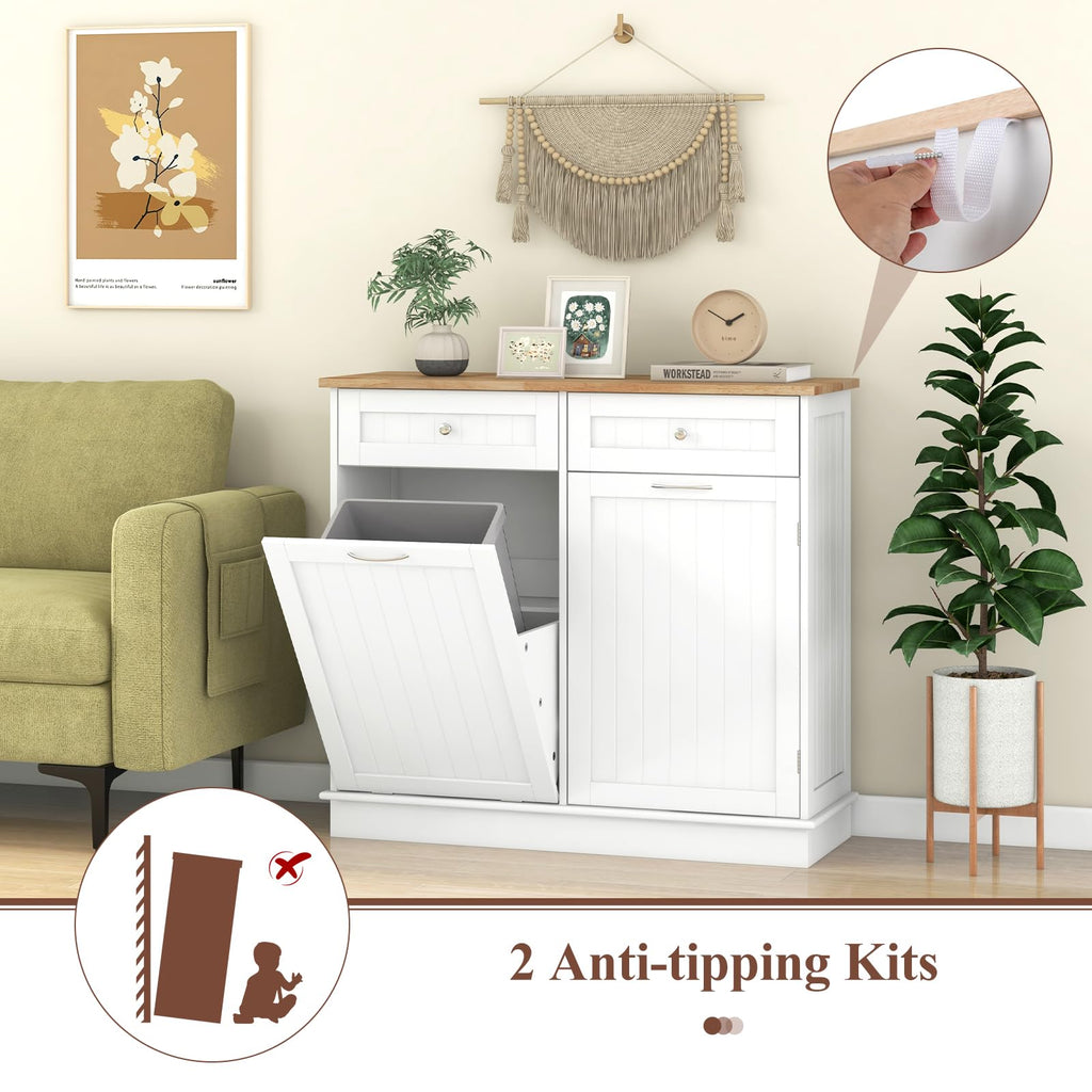White Wooden Tilt Out Trash Bin Cabinet with Drawers B7691