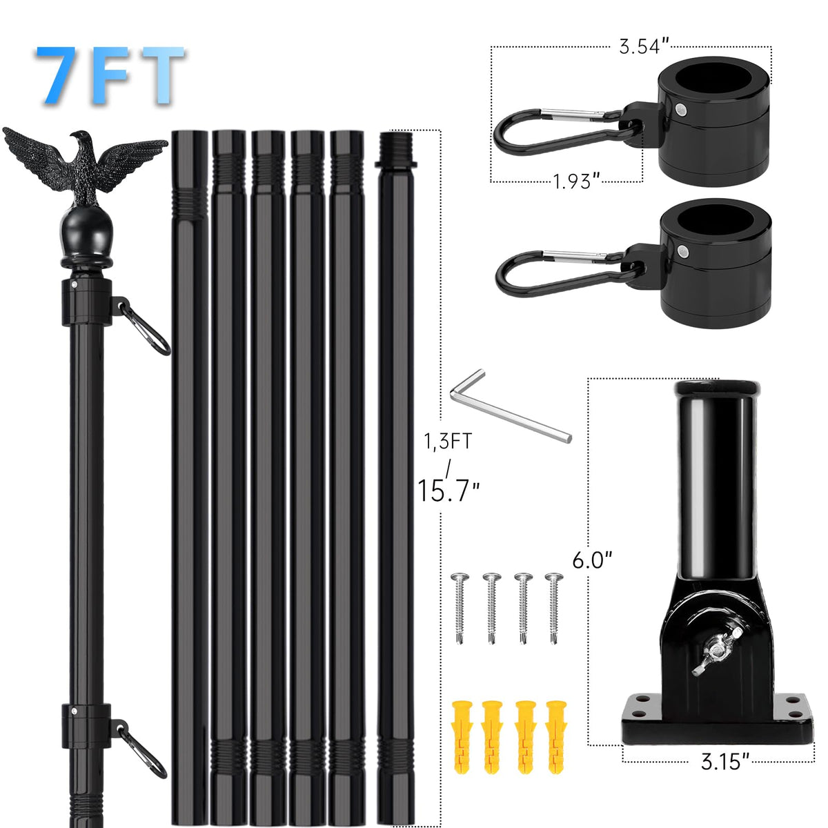7FT Stainless Steel Flag Pole Kit with Solar Light and Adjustable Bracket J631