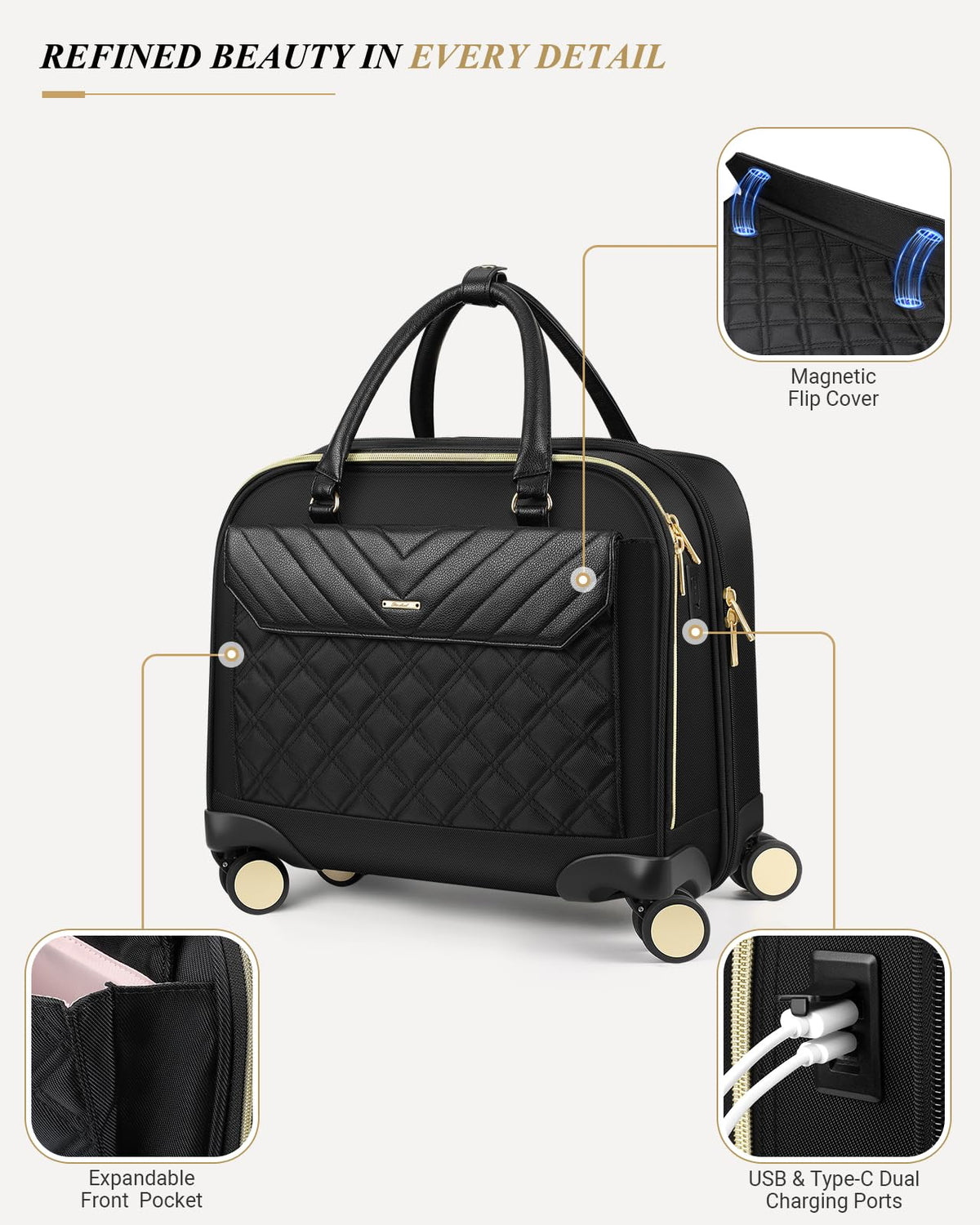 Rolling Laptop Bag for Women, 45L Wheeled Briefcase with USB Type-C Ports, Black Gold A528