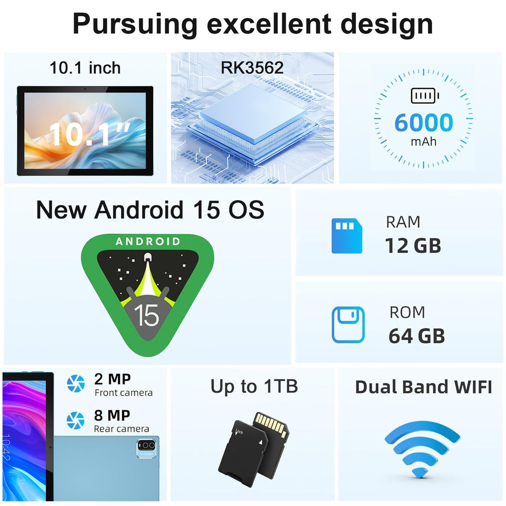 10 Inch Android Tablet 64GB 12GB RAM 6000mAh WiFi-6 X75025