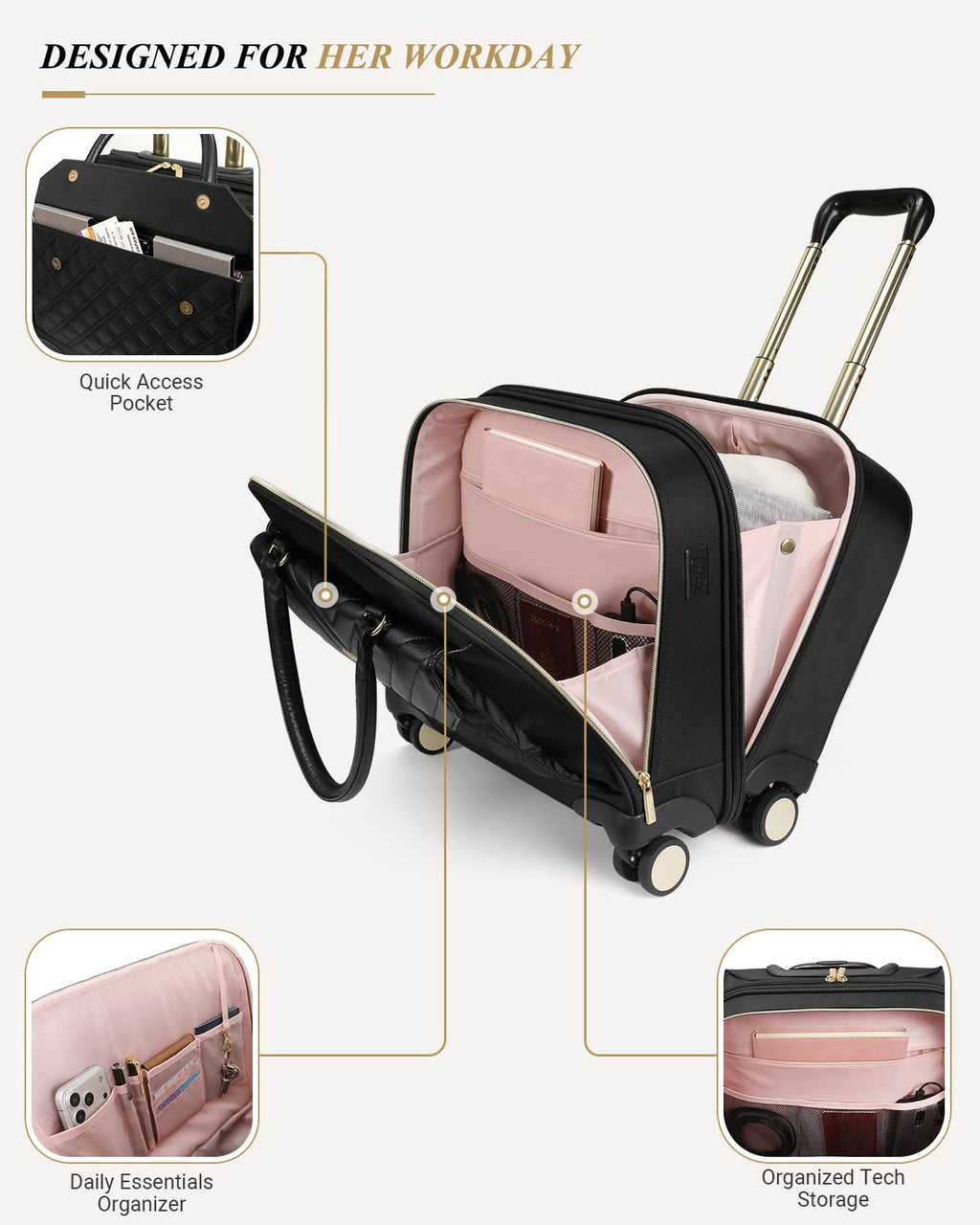 Rolling Laptop Bag for Women, 45L Wheeled Briefcase with USB Type-C Ports, Black Gold A528