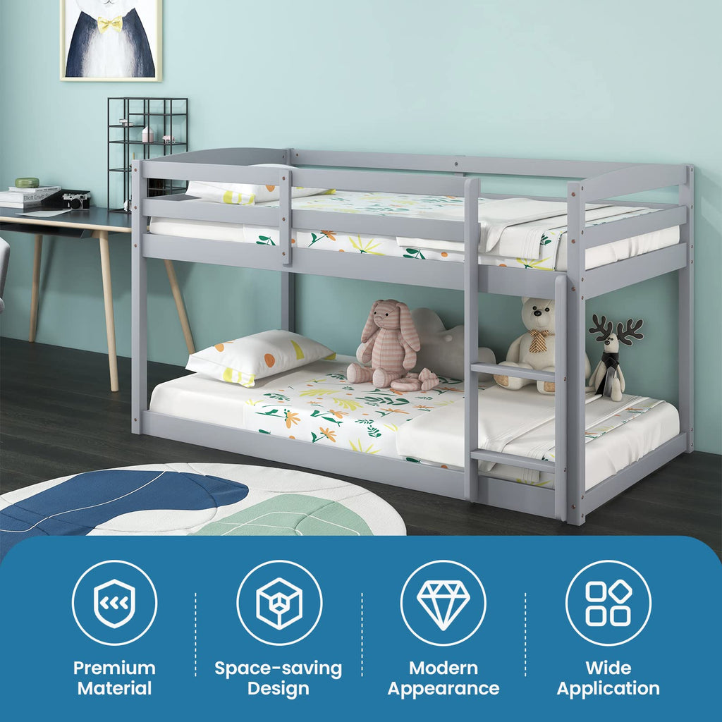 Twin Over Twin Solid Wood Low Bunk Bed with Ladder and Guardrails P598244