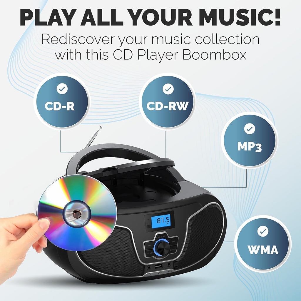 Portable Bluetooth CD Player Boombox with FM Radio H314764