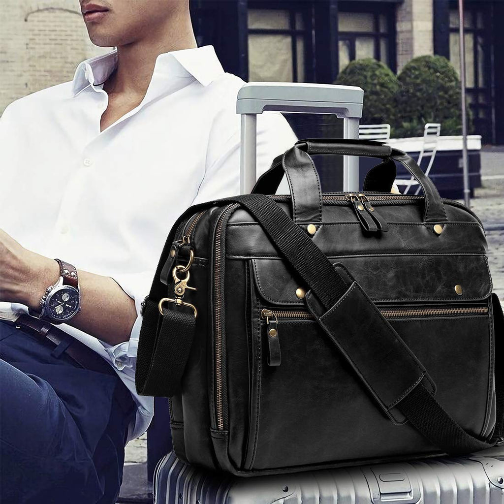 Black Leather 15.6 Inch Laptop Messenger Bag U2921