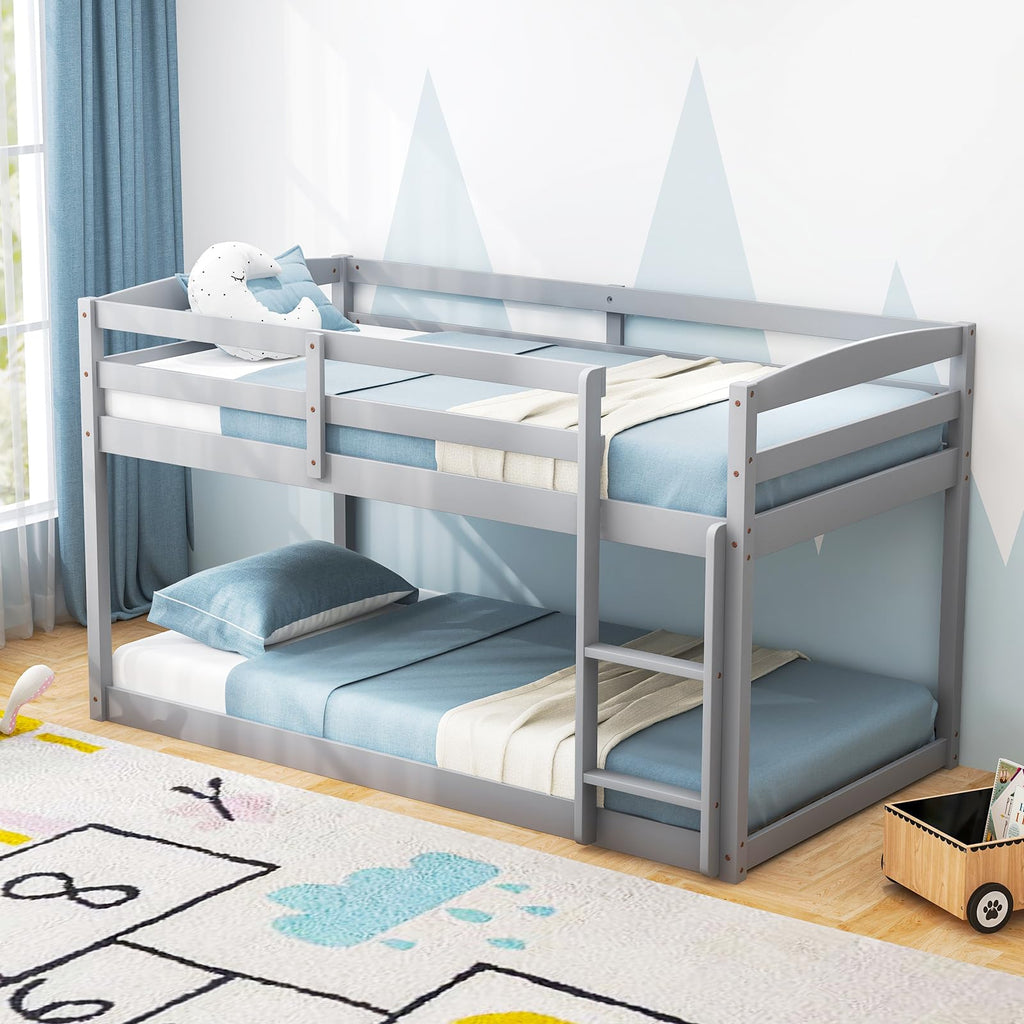Twin Over Twin Solid Wood Low Bunk Bed with Ladder and Guardrails P598244
