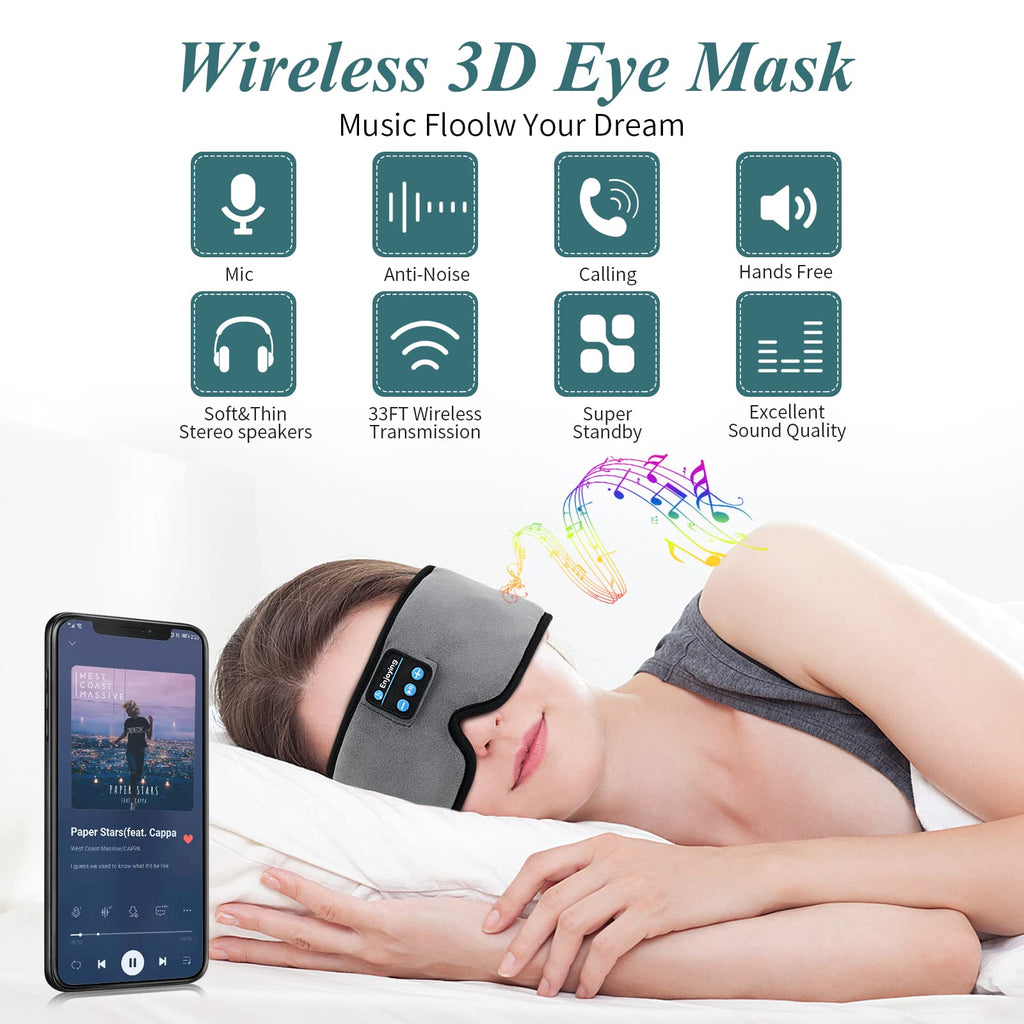 Wireless 3D Eye Mask Sleep Headphones Grey D9753