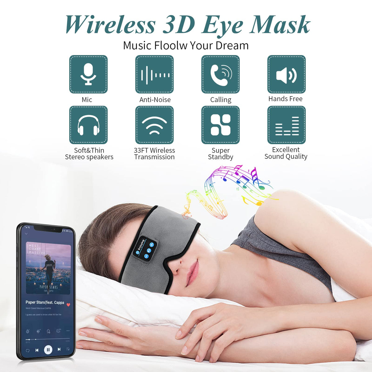 Wireless 3D Eye Mask Sleep Headphones Grey D9753