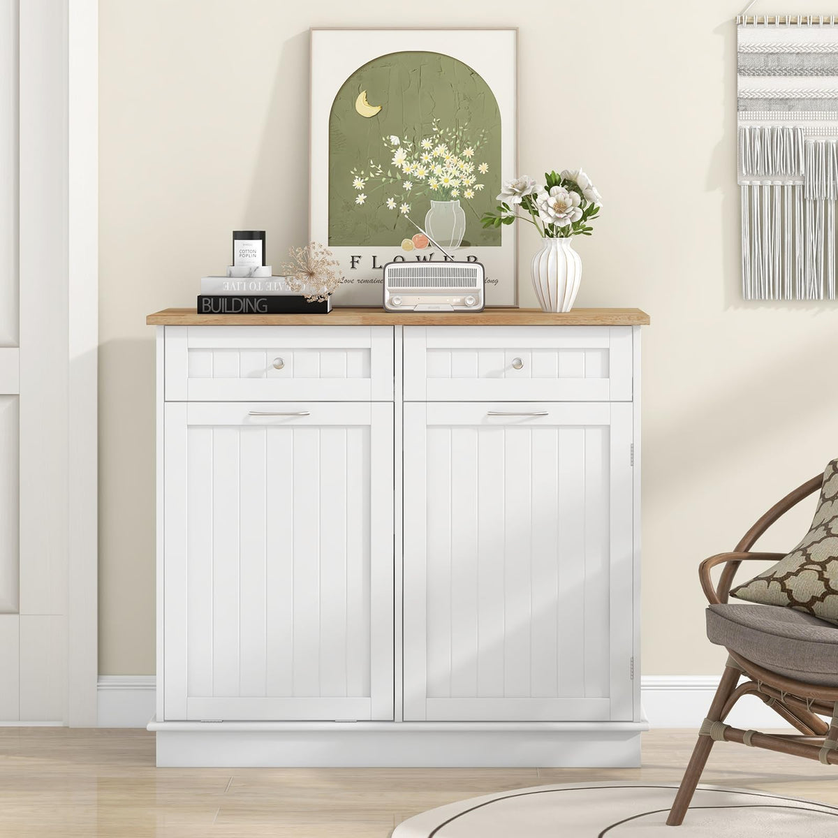 White Wooden Tilt Out Trash Bin Cabinet with Drawers B7691