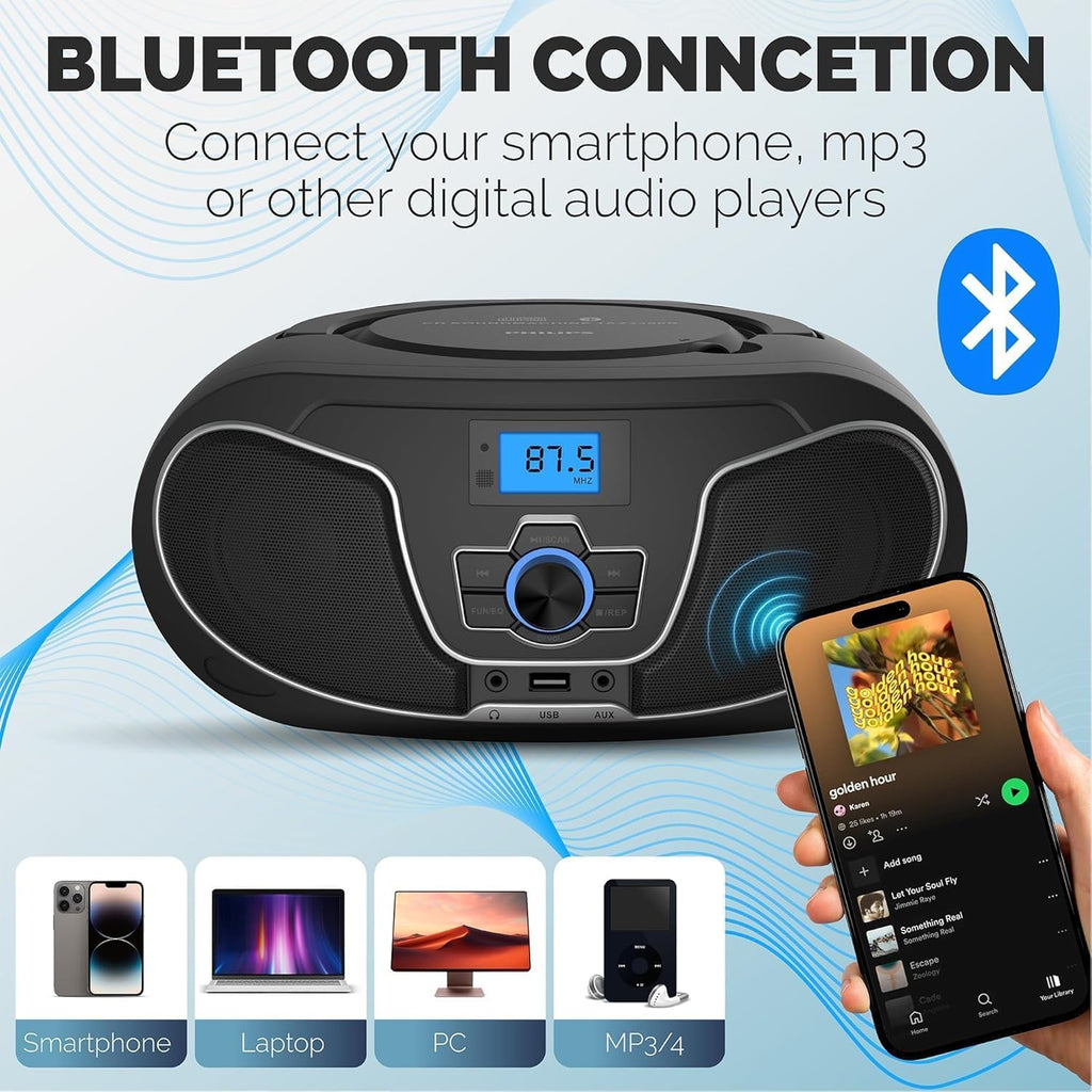 Portable Bluetooth CD Player Boombox with FM Radio H314764