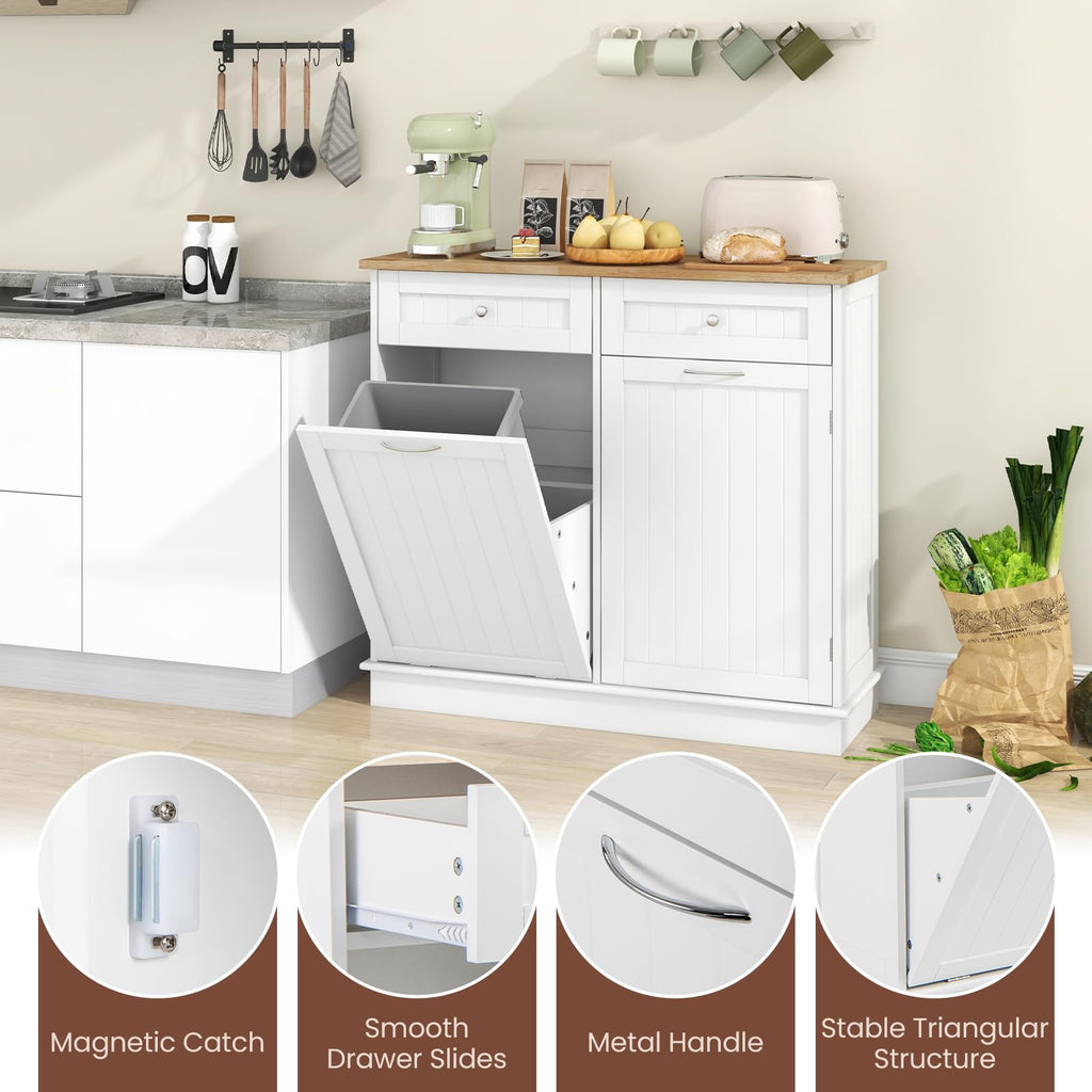 White Wooden Tilt Out Trash Bin Cabinet with Drawers B7691