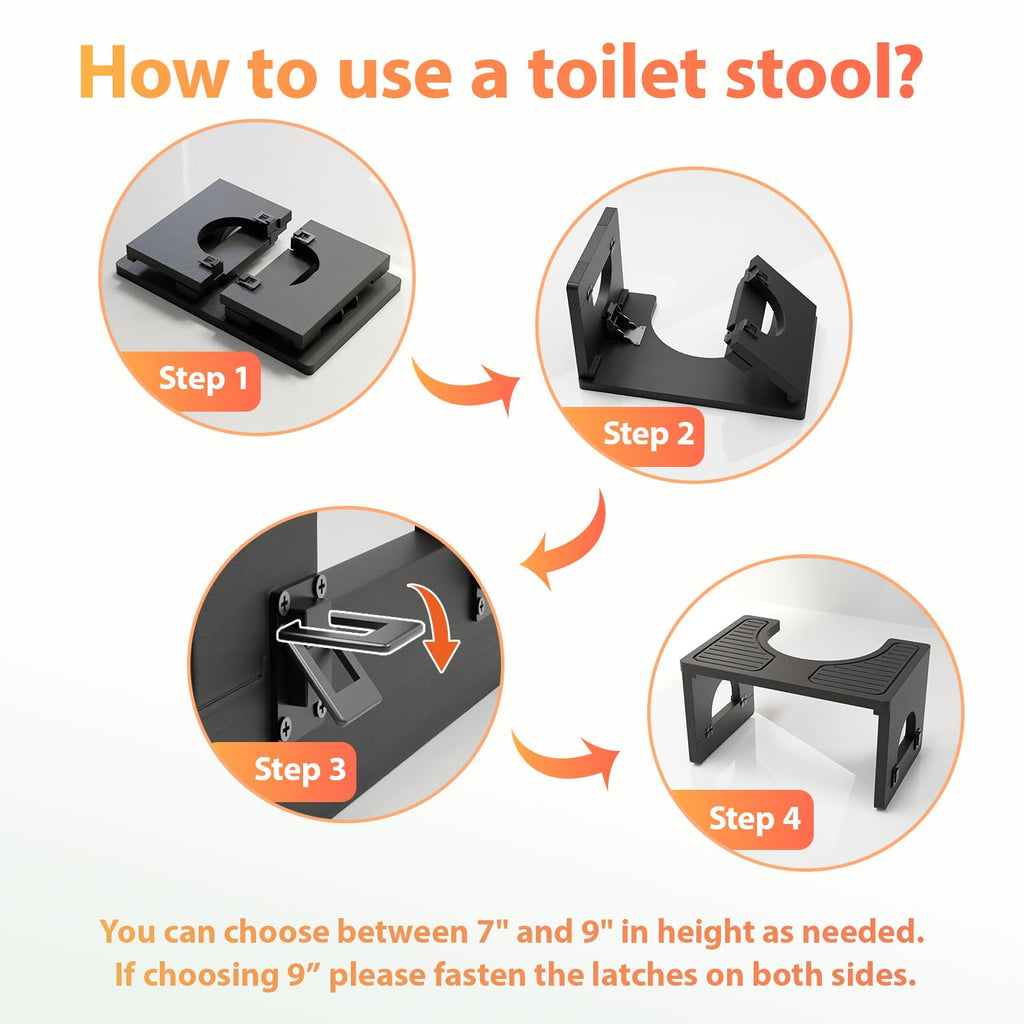 Folding Toilet Stool 7"&9" Adjustable Black X73286
