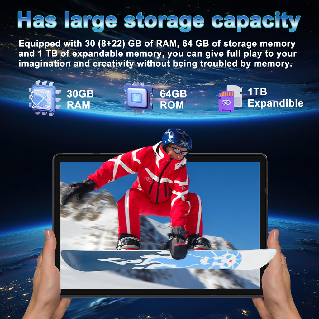 Android 15 Tablet 10.1 Inch FHD 30GB RAM 64GB ROM Black O641