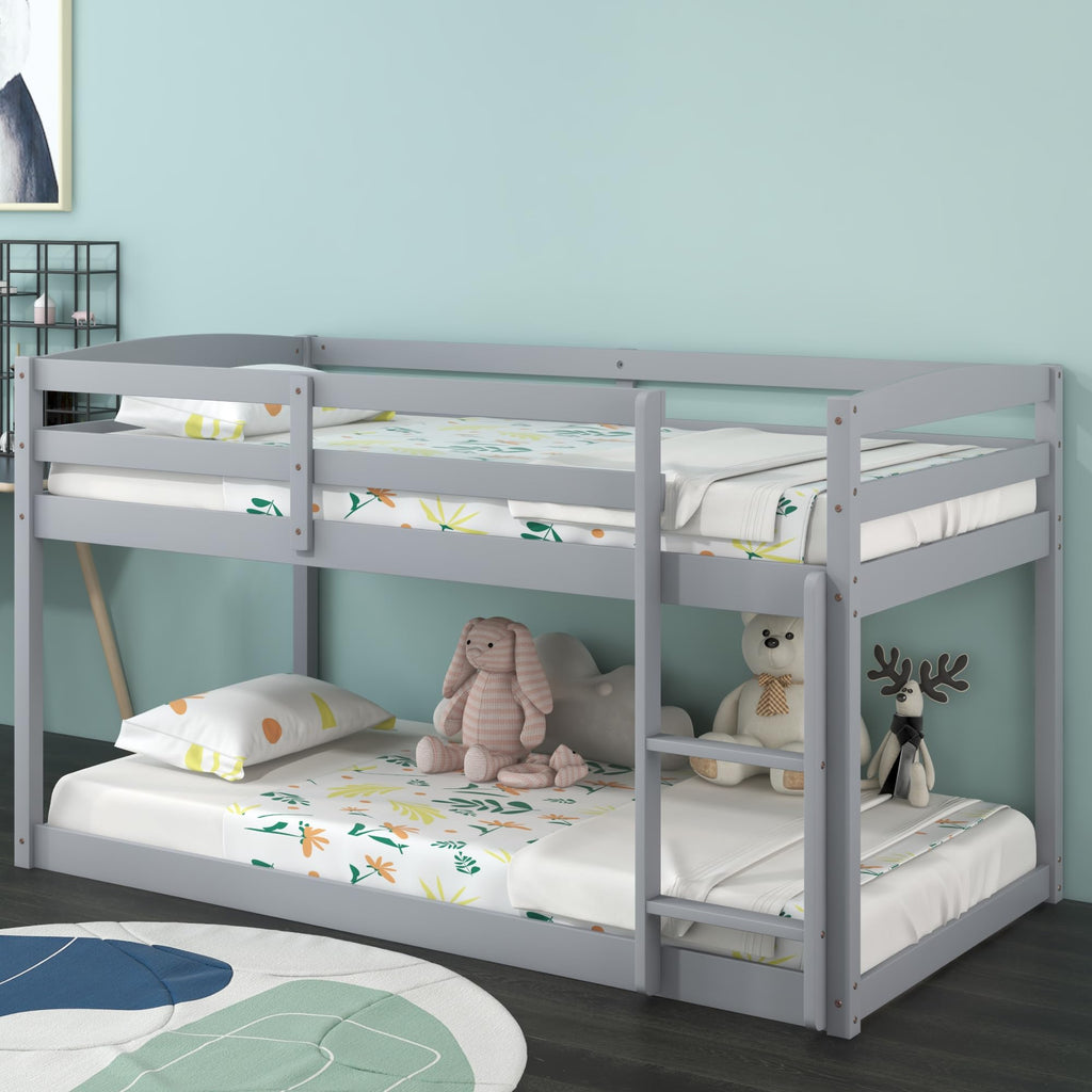 Twin Over Twin Solid Wood Low Bunk Bed with Ladder and Guardrails P598244