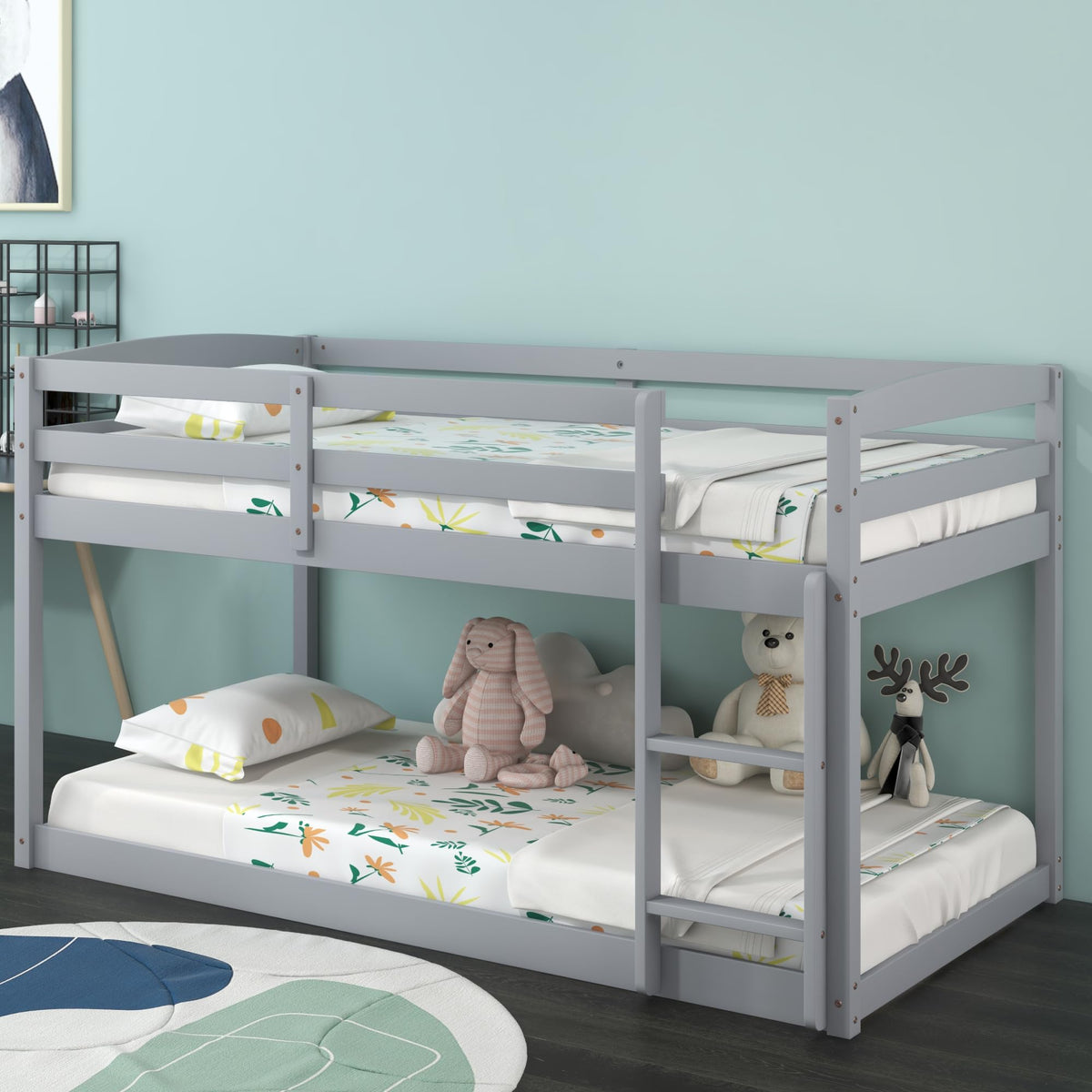 Twin Over Twin Solid Wood Low Bunk Bed with Ladder and Guardrails P598244