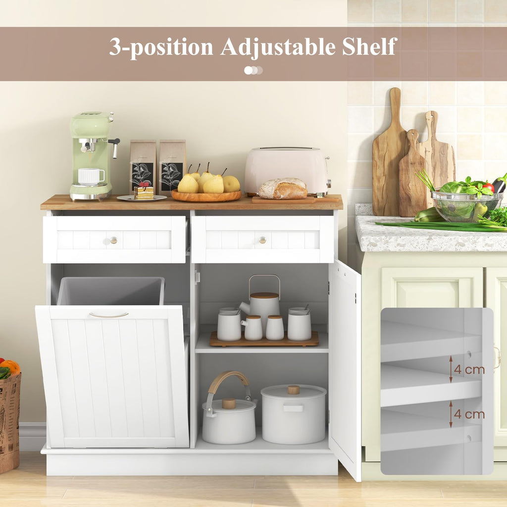 White Wooden Tilt Out Trash Bin Cabinet with Drawers B7691