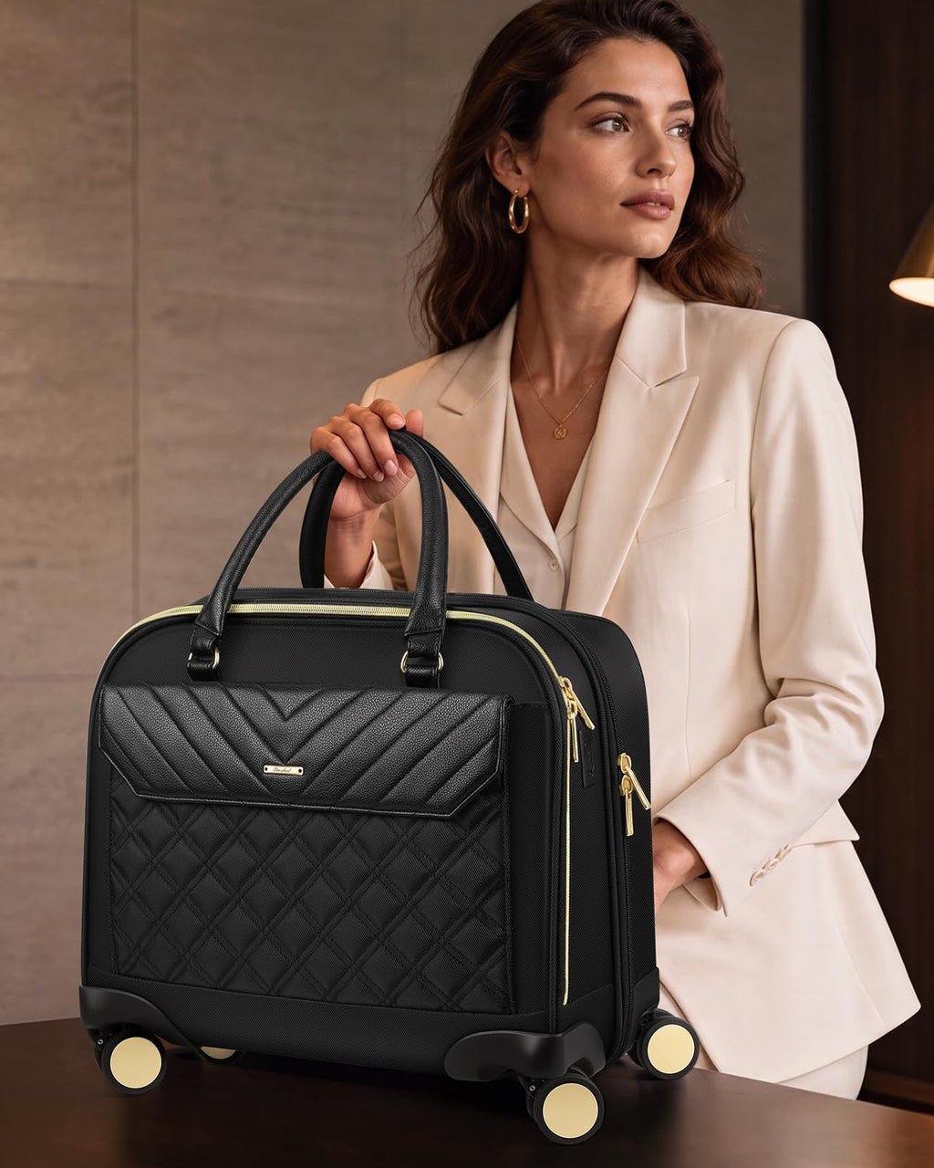 Rolling Laptop Bag for Women, 45L Wheeled Briefcase with USB Type-C Ports, Black Gold A528
