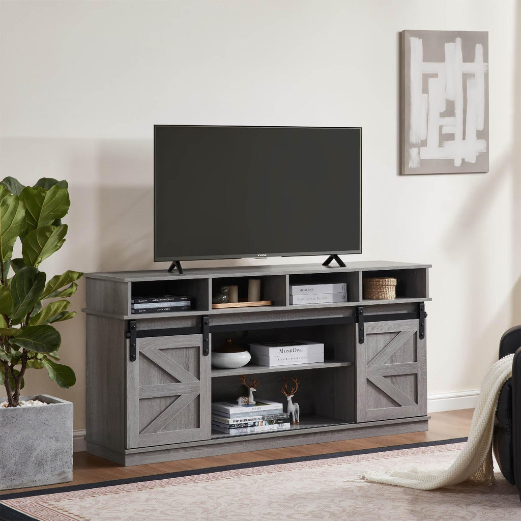 Grey Wood TV Stand with Sliding Barn Doors and 4 Drawers P470053