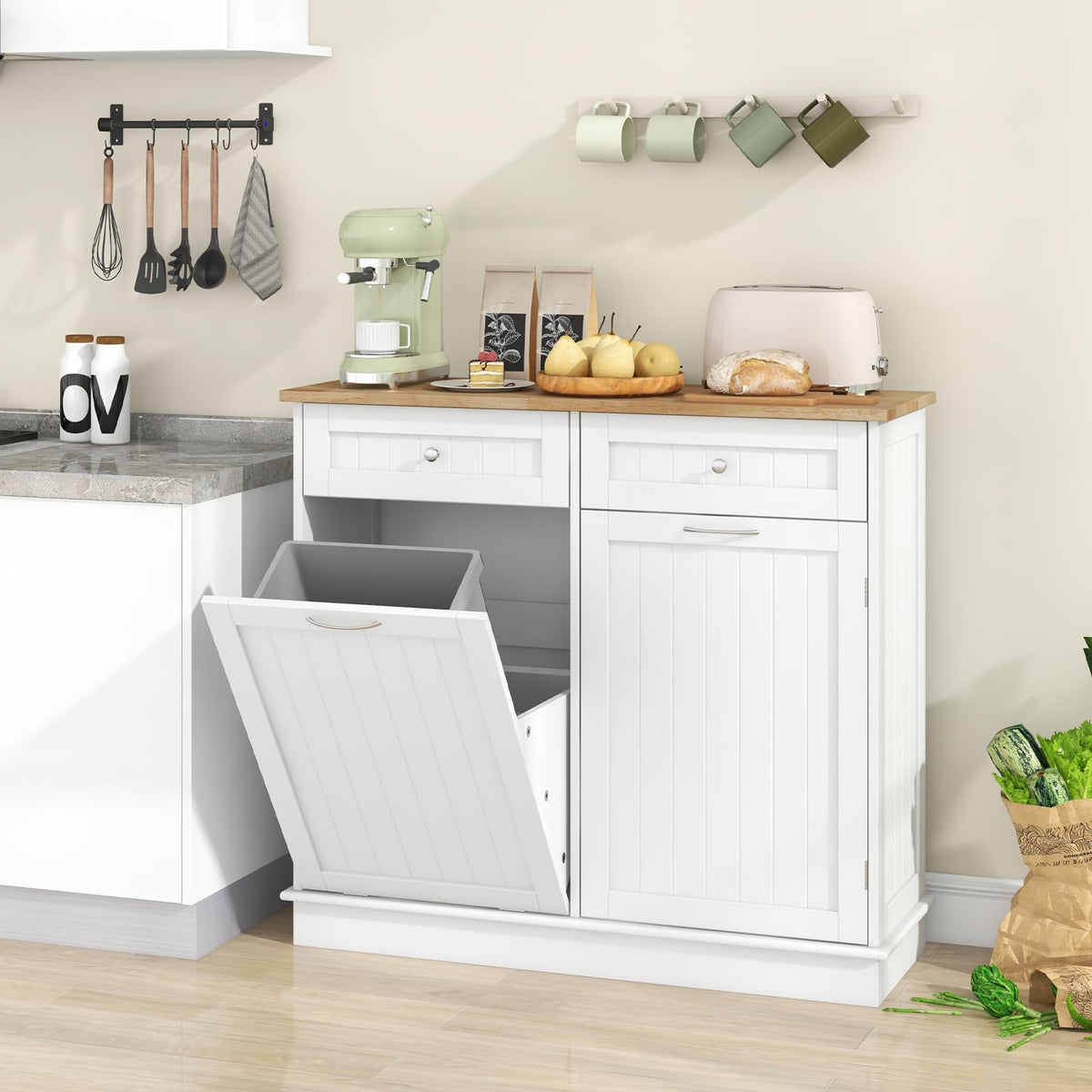 White Wooden Tilt Out Trash Bin Cabinet with Drawers B7691