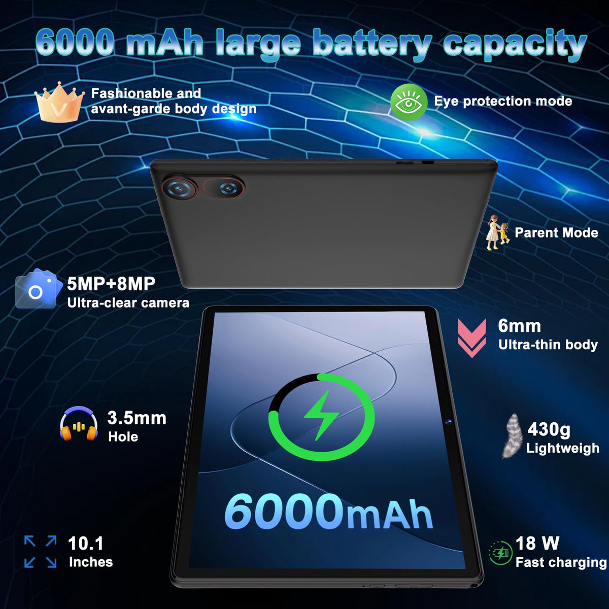 Android 15 Tablet 10.1 Inch FHD 30GB RAM 64GB ROM Black O641