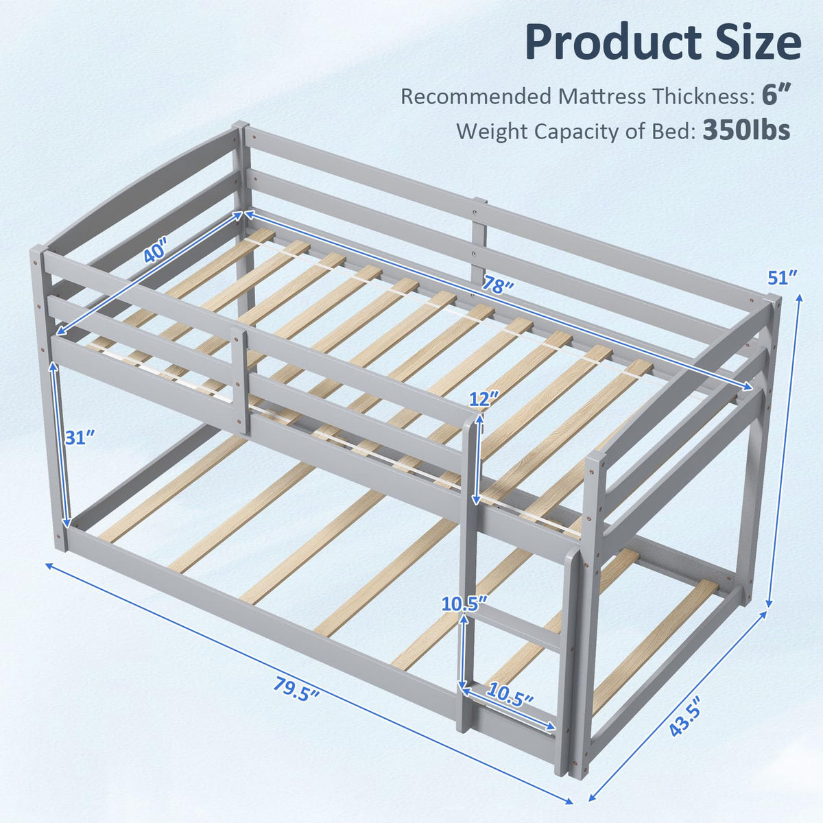Twin Over Twin Solid Wood Low Bunk Bed with Ladder and Guardrails P598244