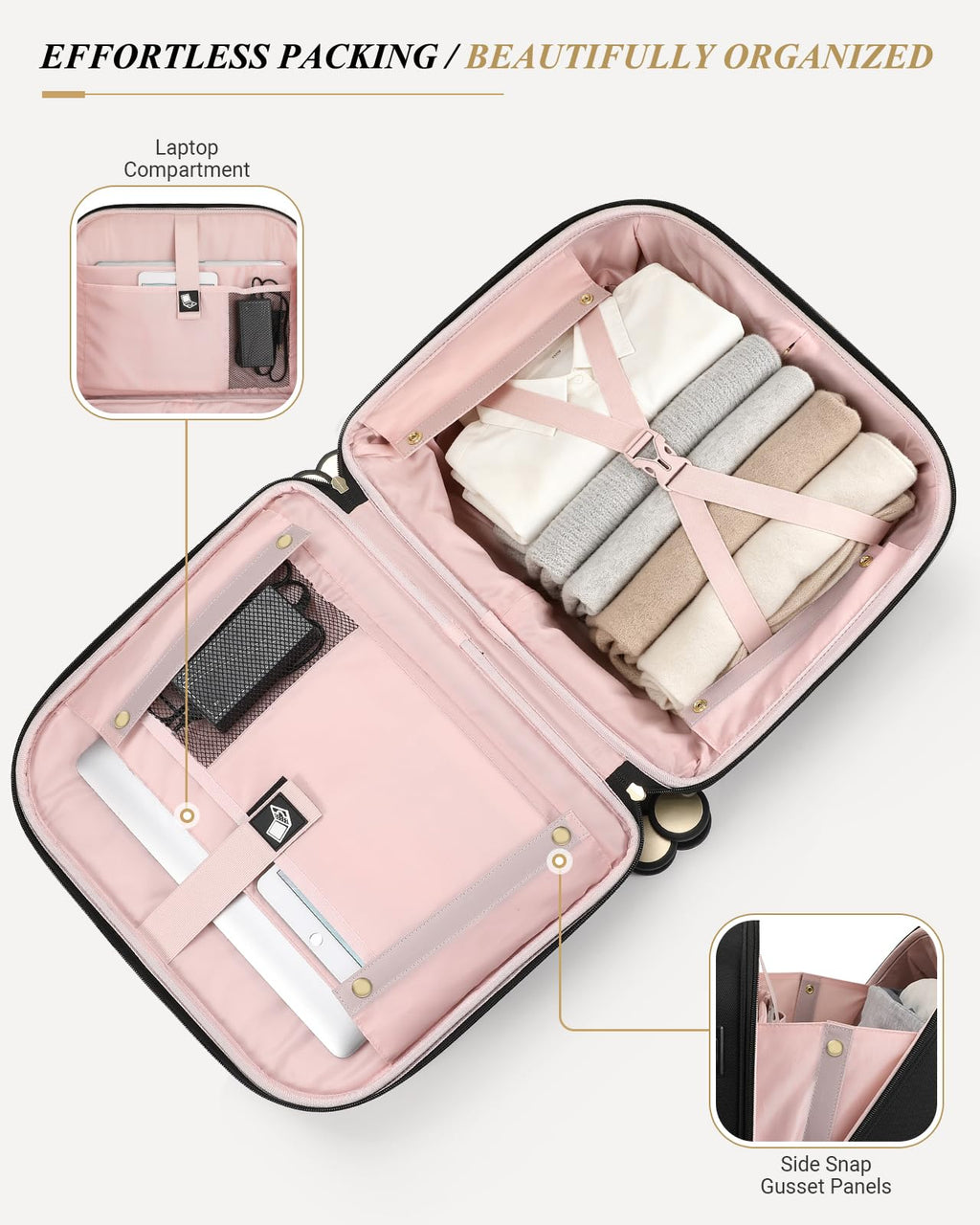 Rolling Laptop Bag for Women, 45L Wheeled Briefcase with USB Type-C Ports, Black Gold A528