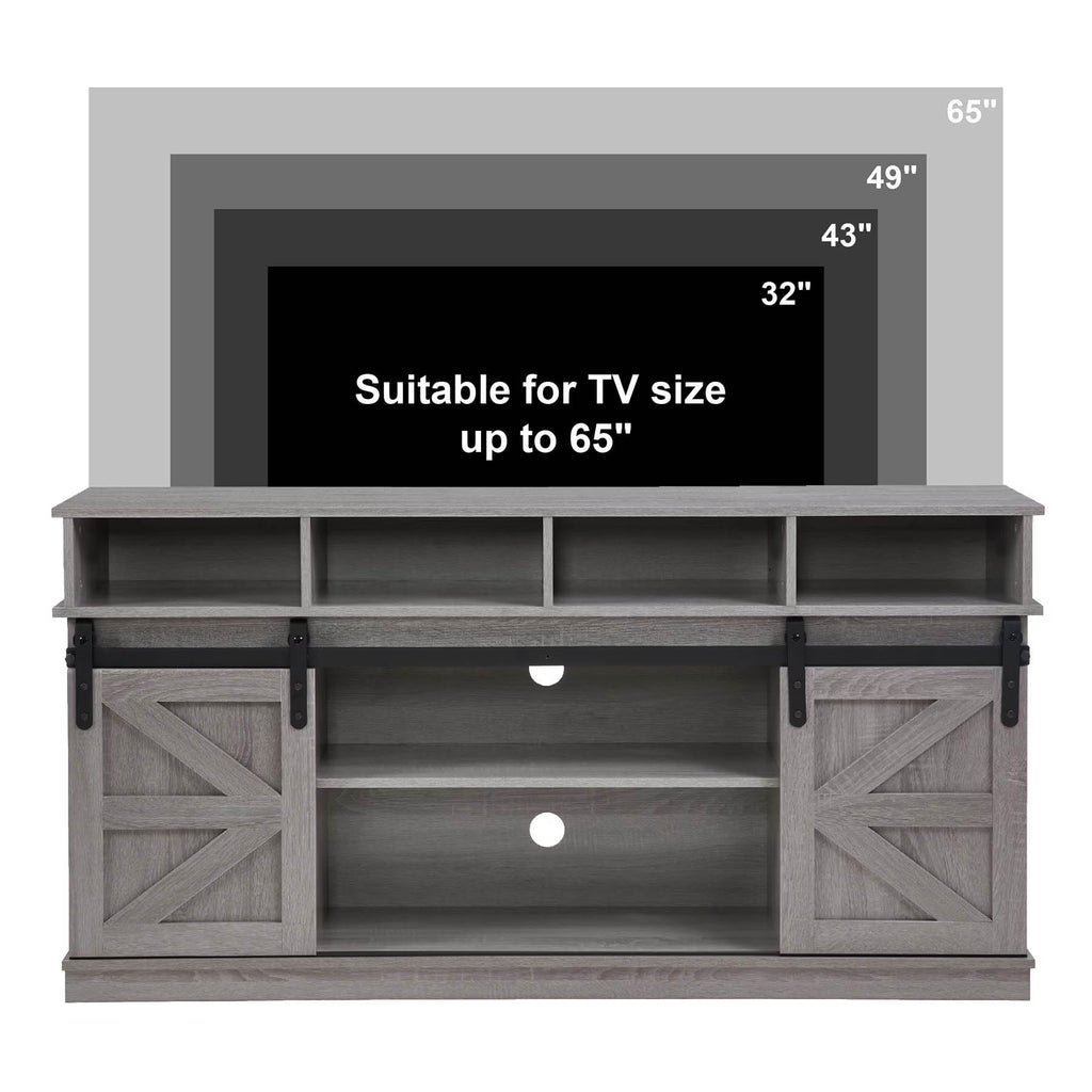 Grey Wood TV Stand with Sliding Barn Doors and 4 Drawers P470053