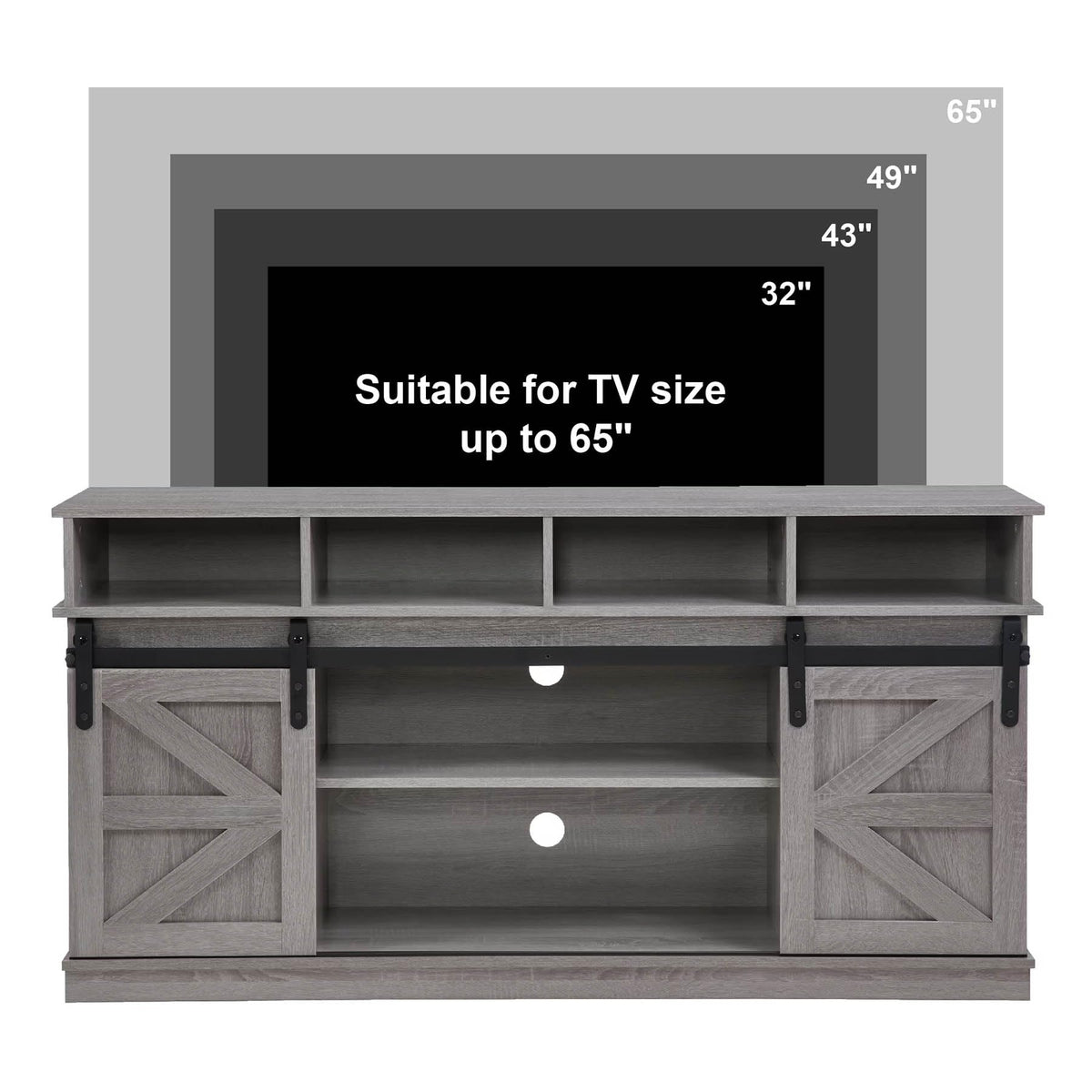 Grey Wood TV Stand with Sliding Barn Doors and 4 Drawers P470053