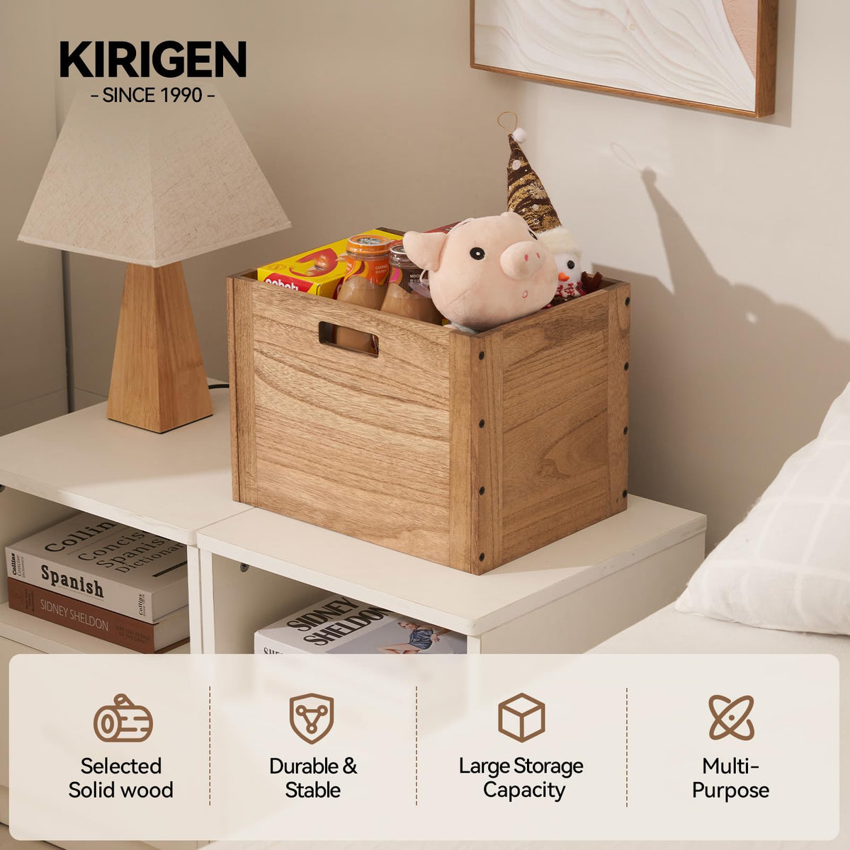 Brown Stackable Wood Storage Cube with Handles O96545
