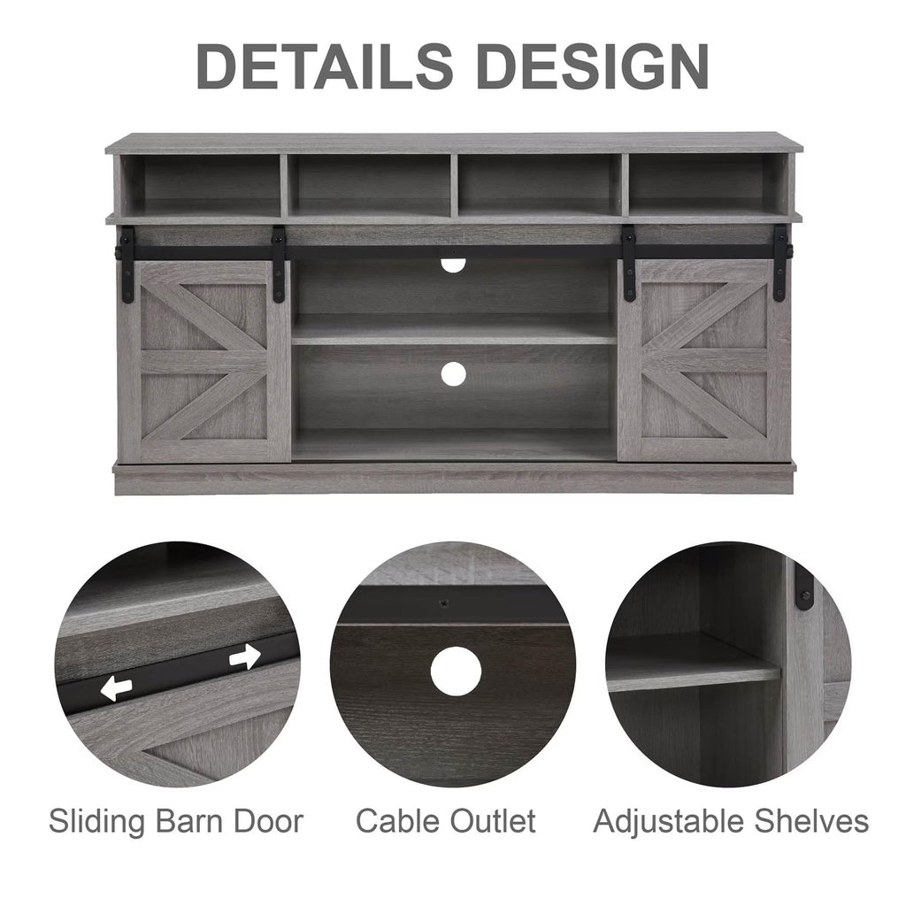 Grey Wood TV Stand with Sliding Barn Doors and 4 Drawers P470053
