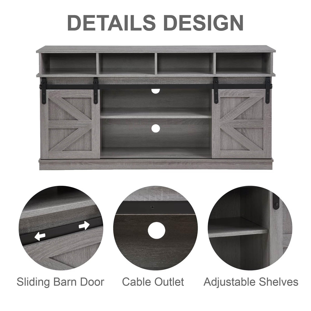 Grey Wood TV Stand with Sliding Barn Doors and 4 Drawers P470053