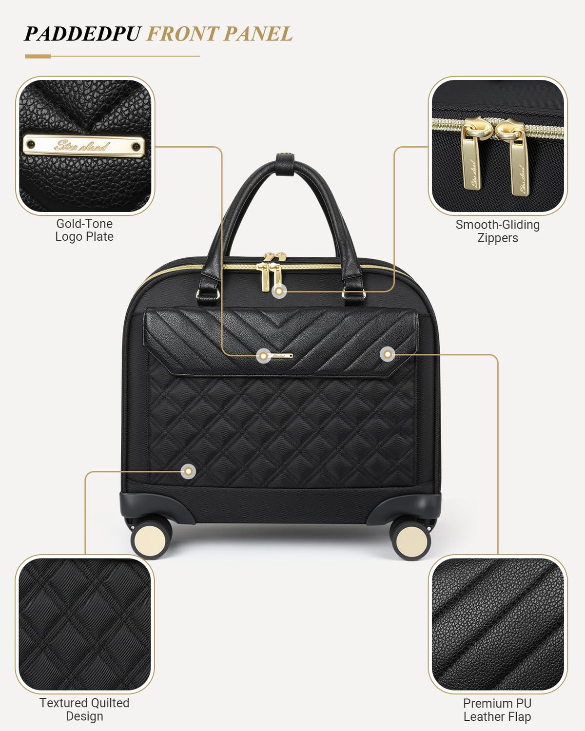 Rolling Laptop Bag for Women, 45L Wheeled Briefcase with USB Type-C Ports, Black Gold A528