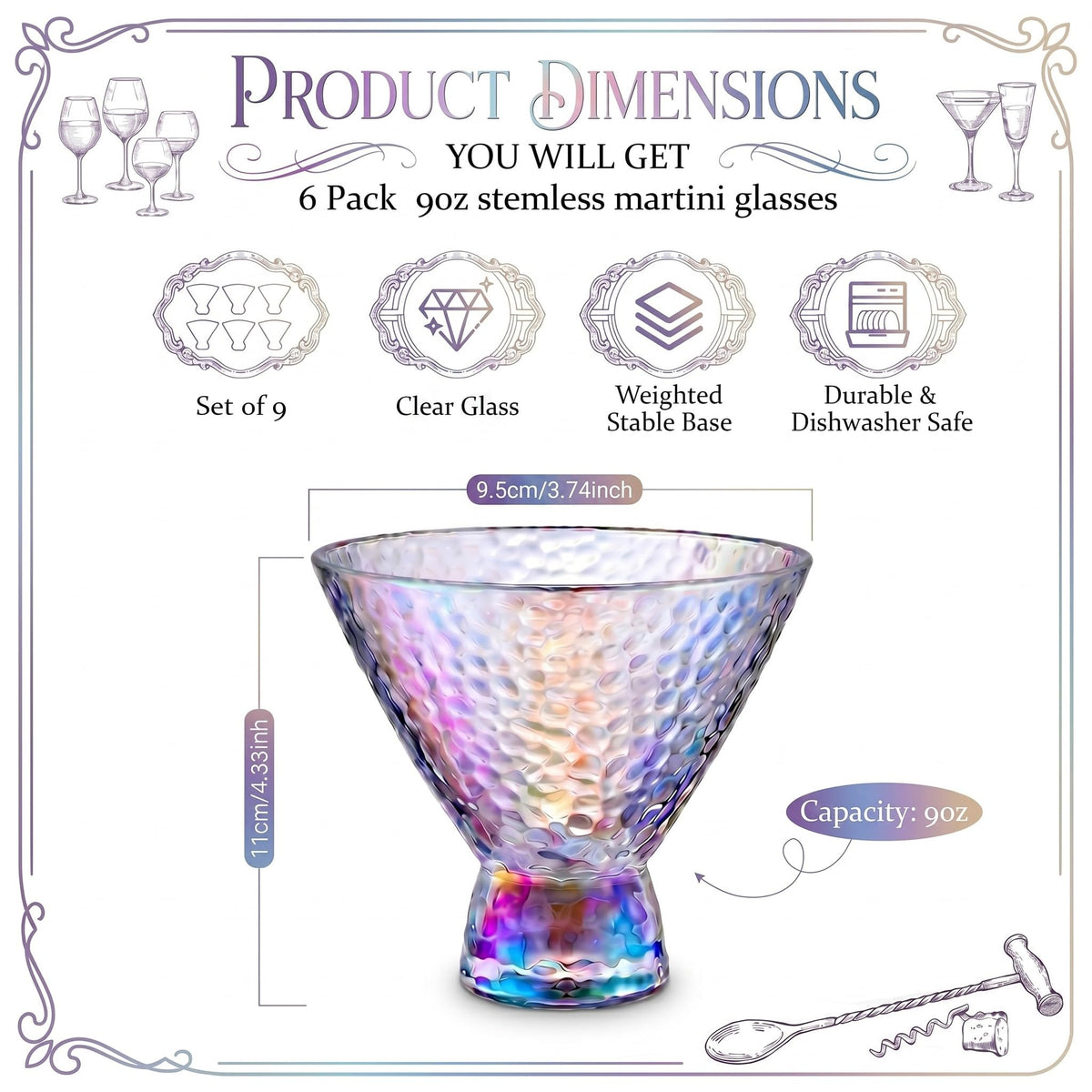 Set of 6 Stemless Martini Glasses 9oz Multicolor C94386