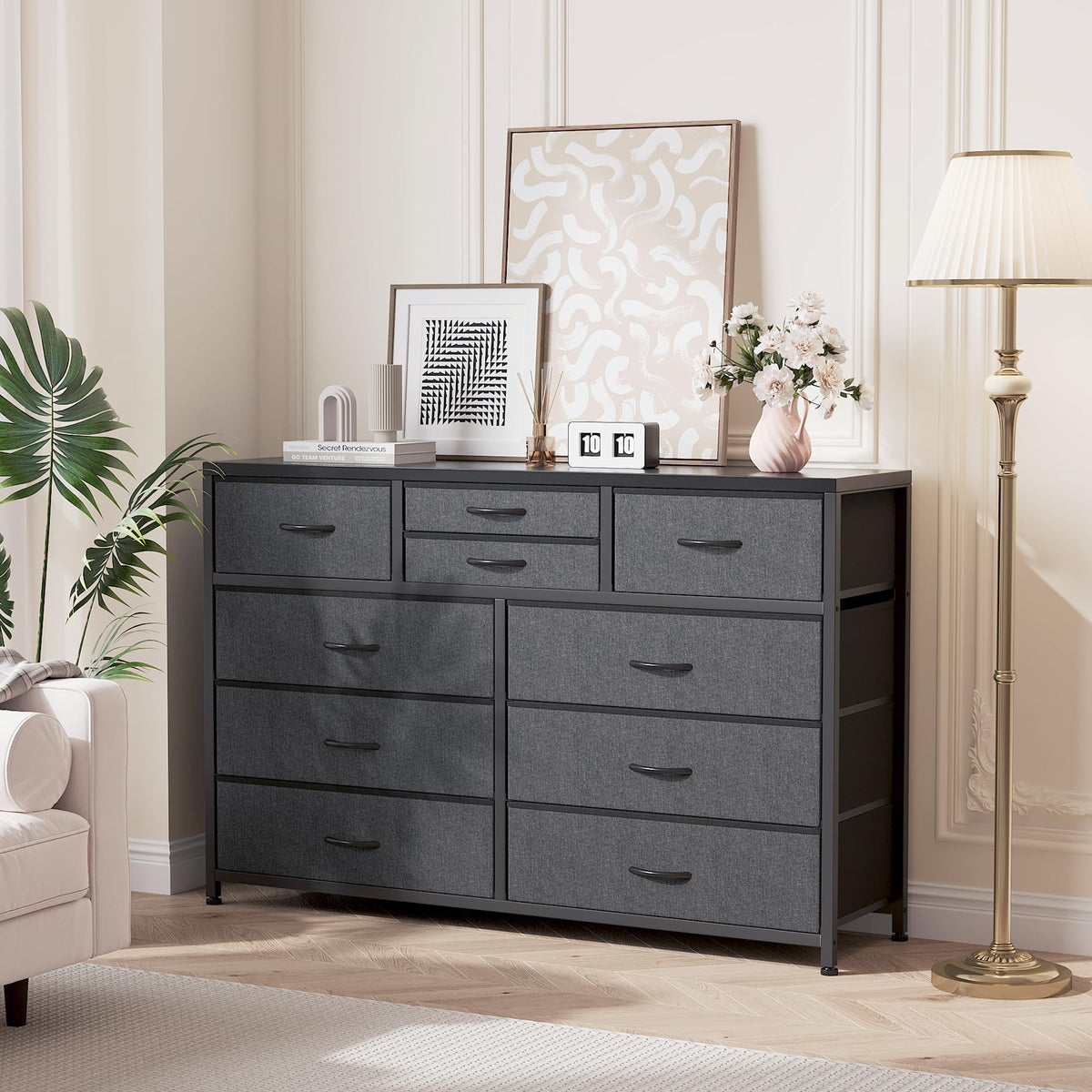 10 Drawer Fabric Dresser with Wood Top J77447