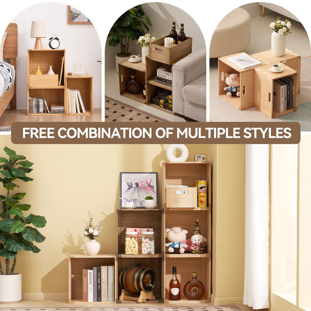 Brown Stackable Wood Storage Cube with Handles O96545